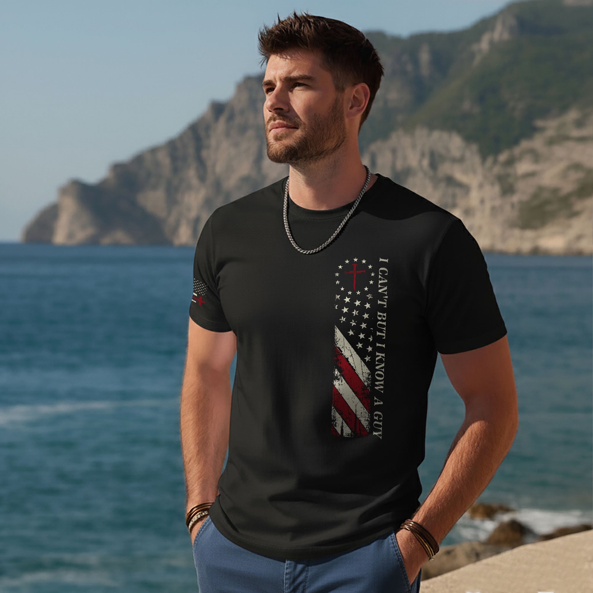 I Can’t But I Know a Guy | Christian Cross & American Flag Tee