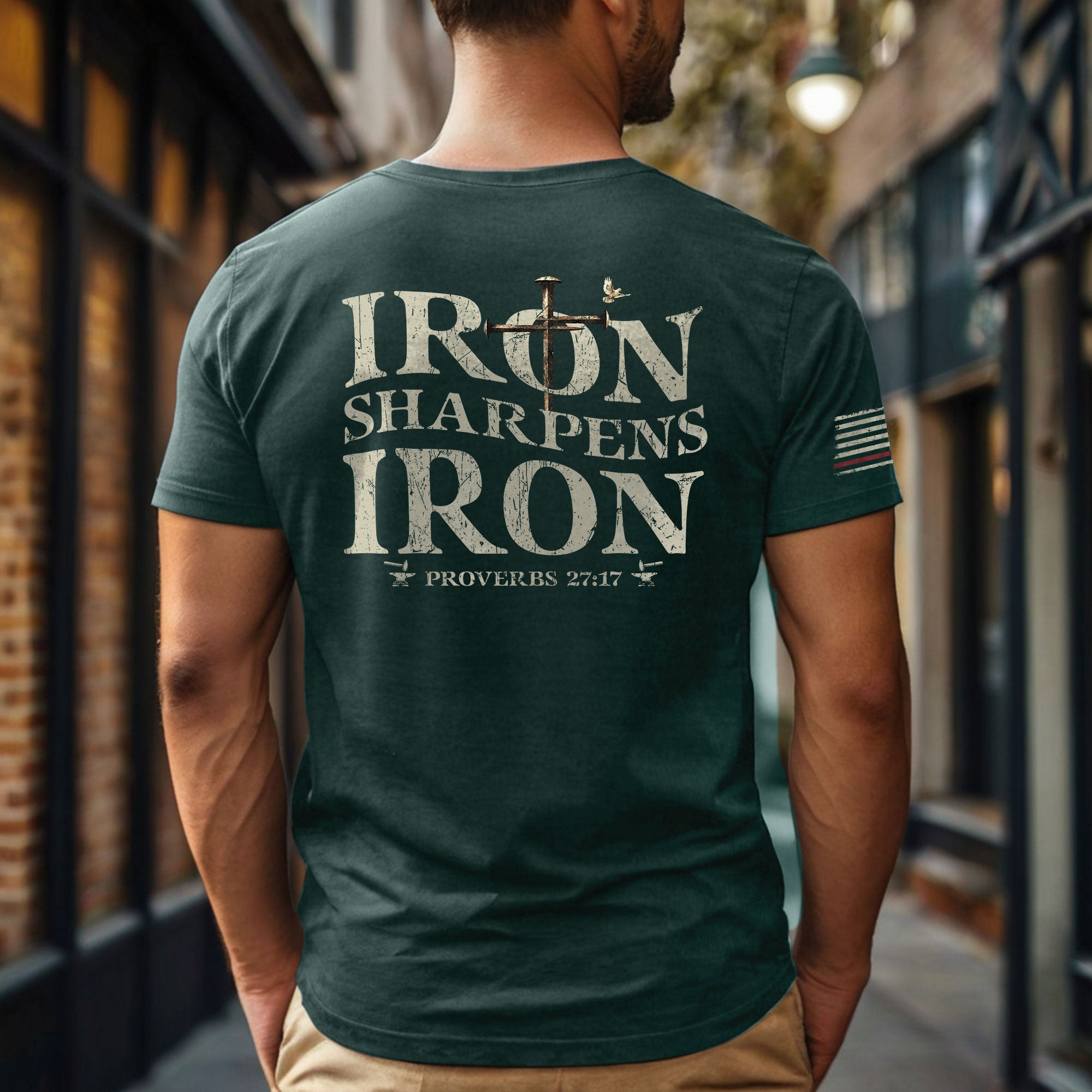Iron Sharpens Iron | Christian Cross & American Flag Tee