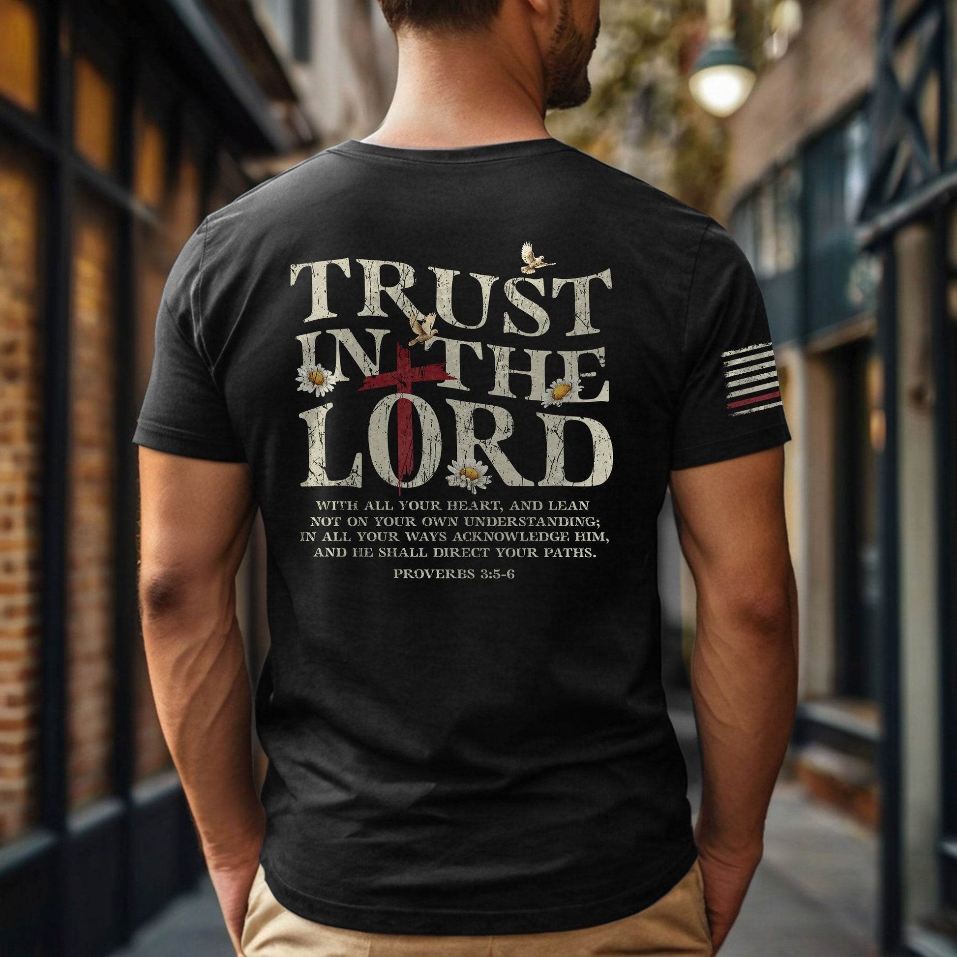 Trust in the Lord Shirt – Christian American Flag Tee, Proverbs 3:5-6 Bible Verse T-Shirt - Rust Field Wear