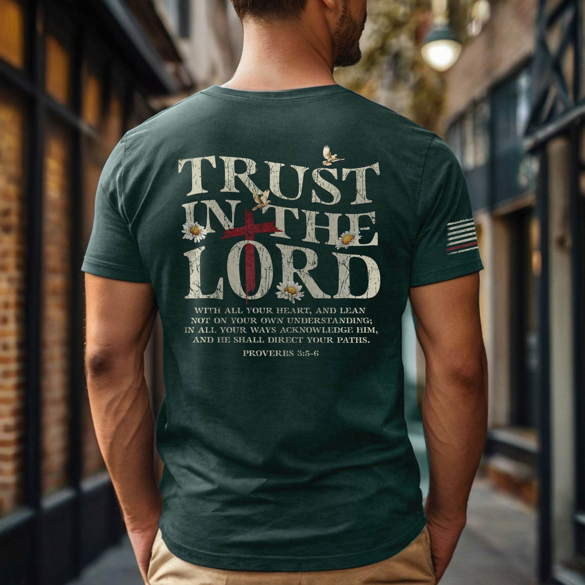 Trust in the Lord Shirt – Christian American Flag Tee, Proverbs 3:5-6 Bible Verse T-Shirt - Rust Field Wear