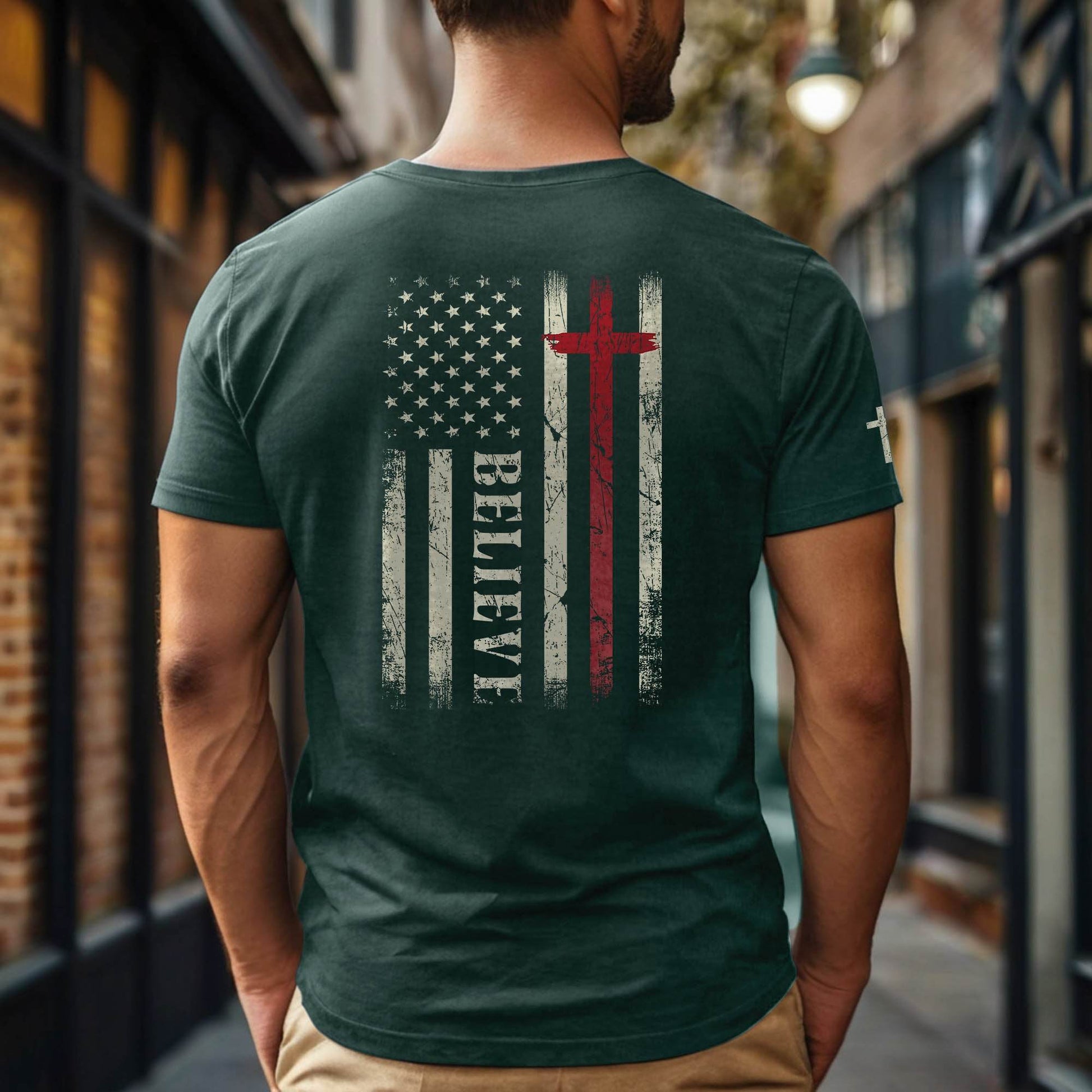 Believe American Flag Cross T-Shirt - Rust Field Wear