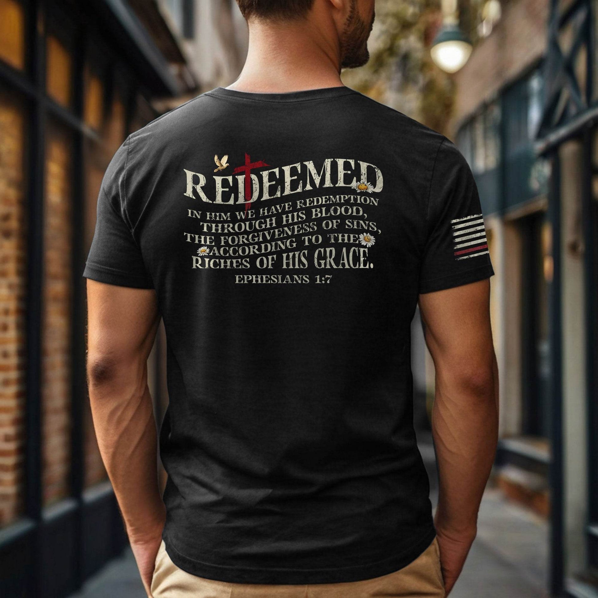Redeemed Christian T-Shirt – Ephesians 1:7 American Flag Cross Design - Rust Field Wear