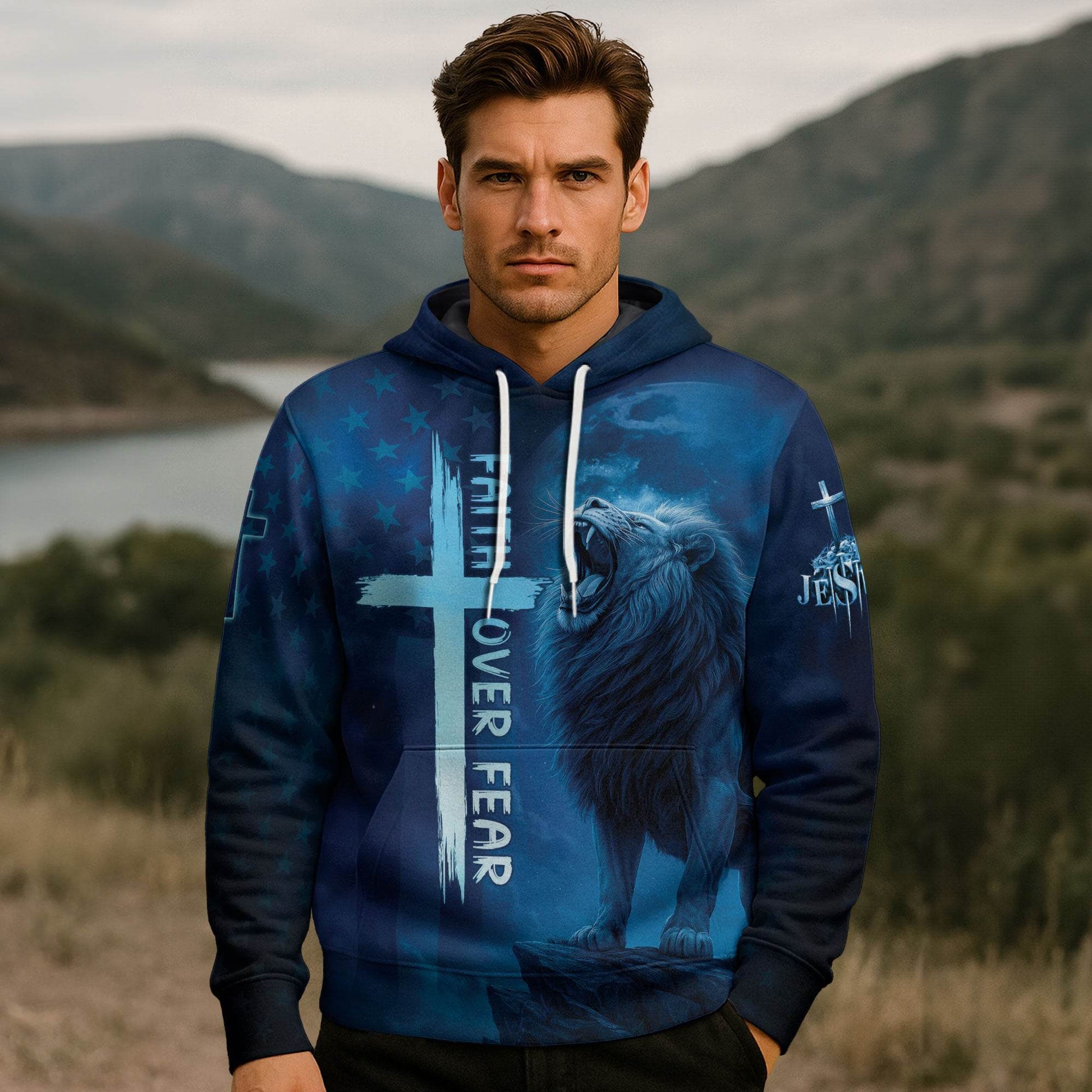 Faith Over Fear Blue Lion & Cross Christian Hoodie - Rust Field Wear