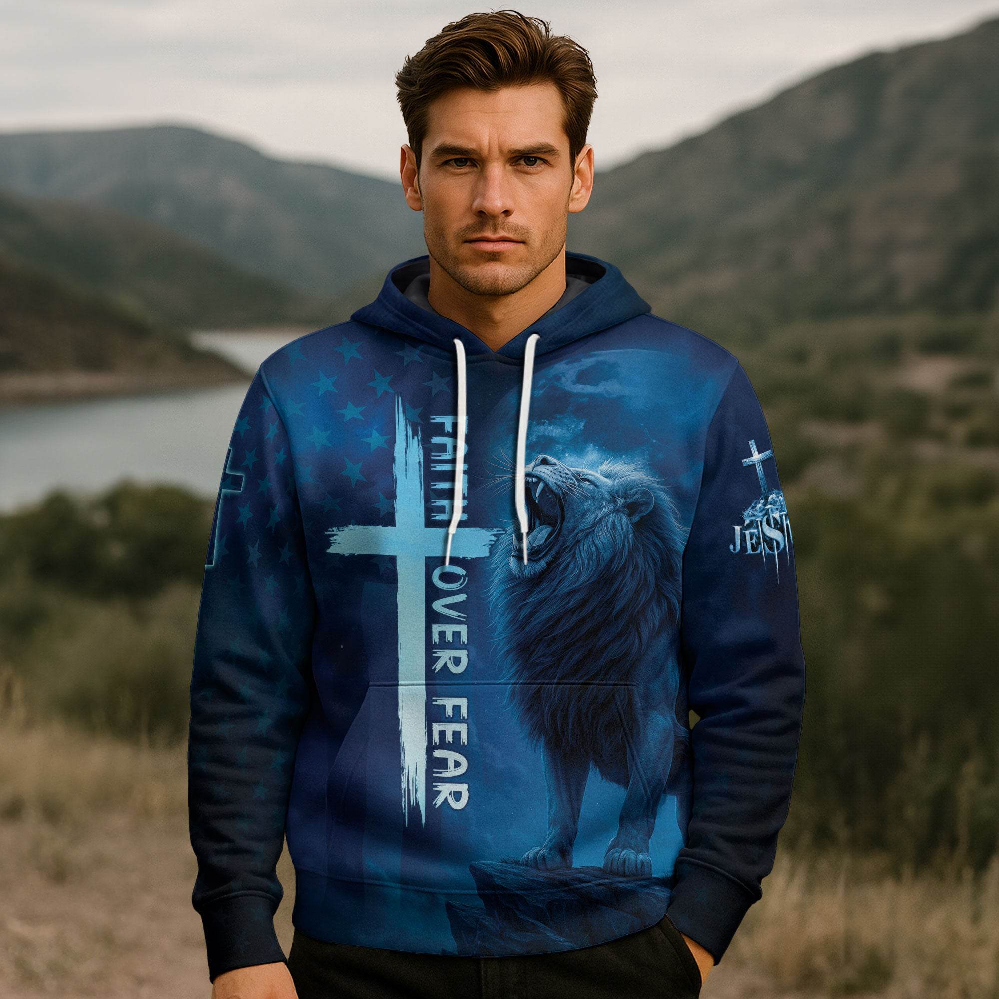 Faith Over Fear Blue Lion & Cross Christian Hoodie - Rust Field Wear