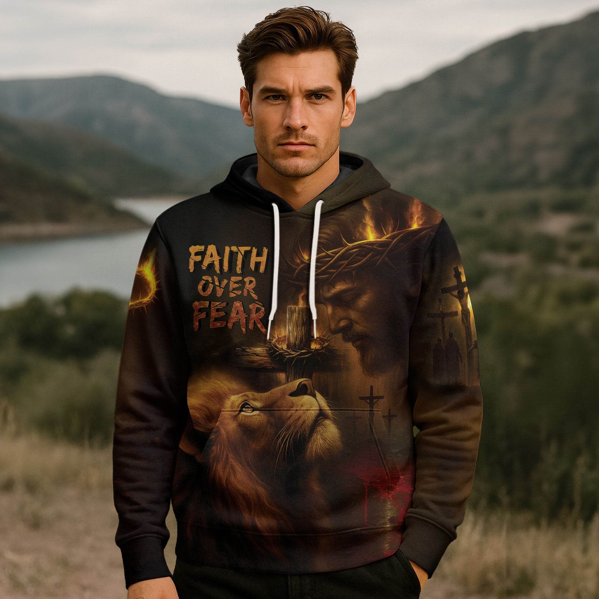 Faith Over Fear Lion & Jesus Crown of Thorns Christian Hoodie - Rust Field Wear