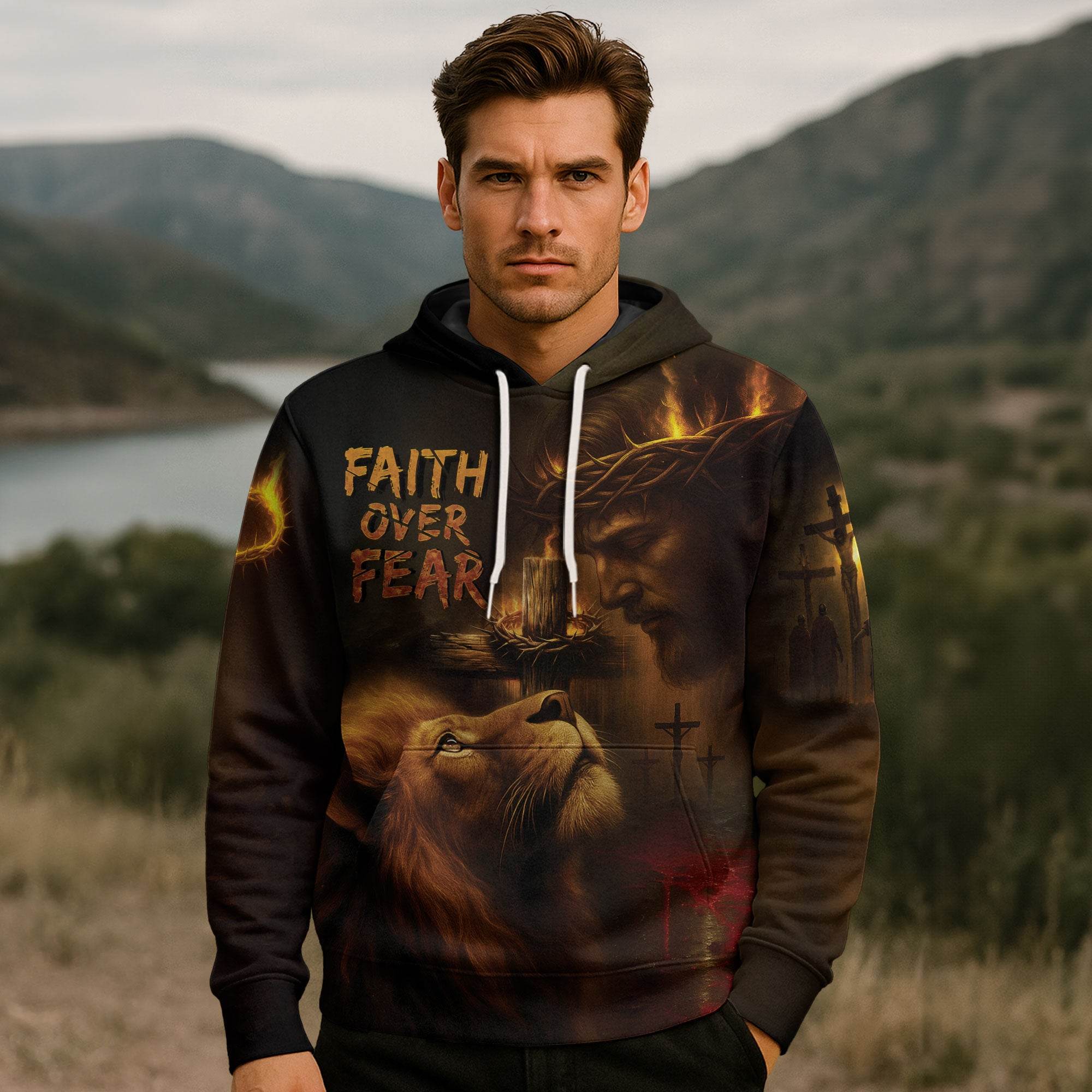 Faith Over Fear Lion & Jesus Crown of Thorns Christian Hoodie - Rust Field Wear