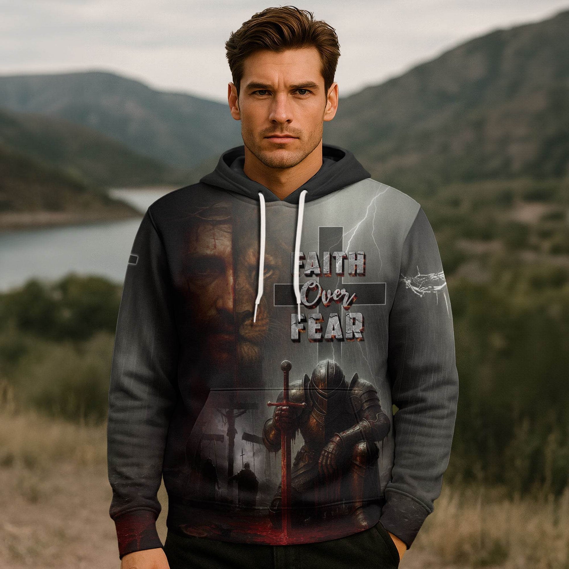 Faith Over Fear Knight & Lion Christian Warrior Hoodie - Rust Field Wear