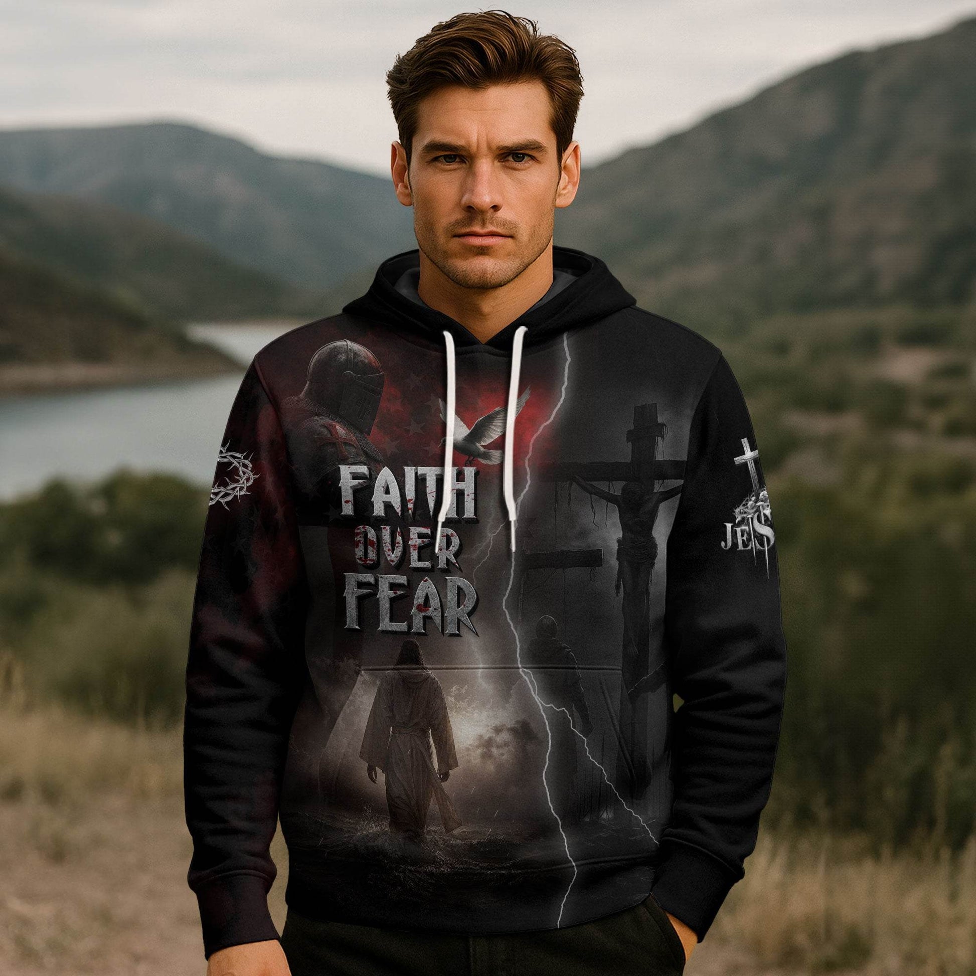 Faith Over Fear Jesus Lion & Cross Christian Hoodie - Rust Field Wear