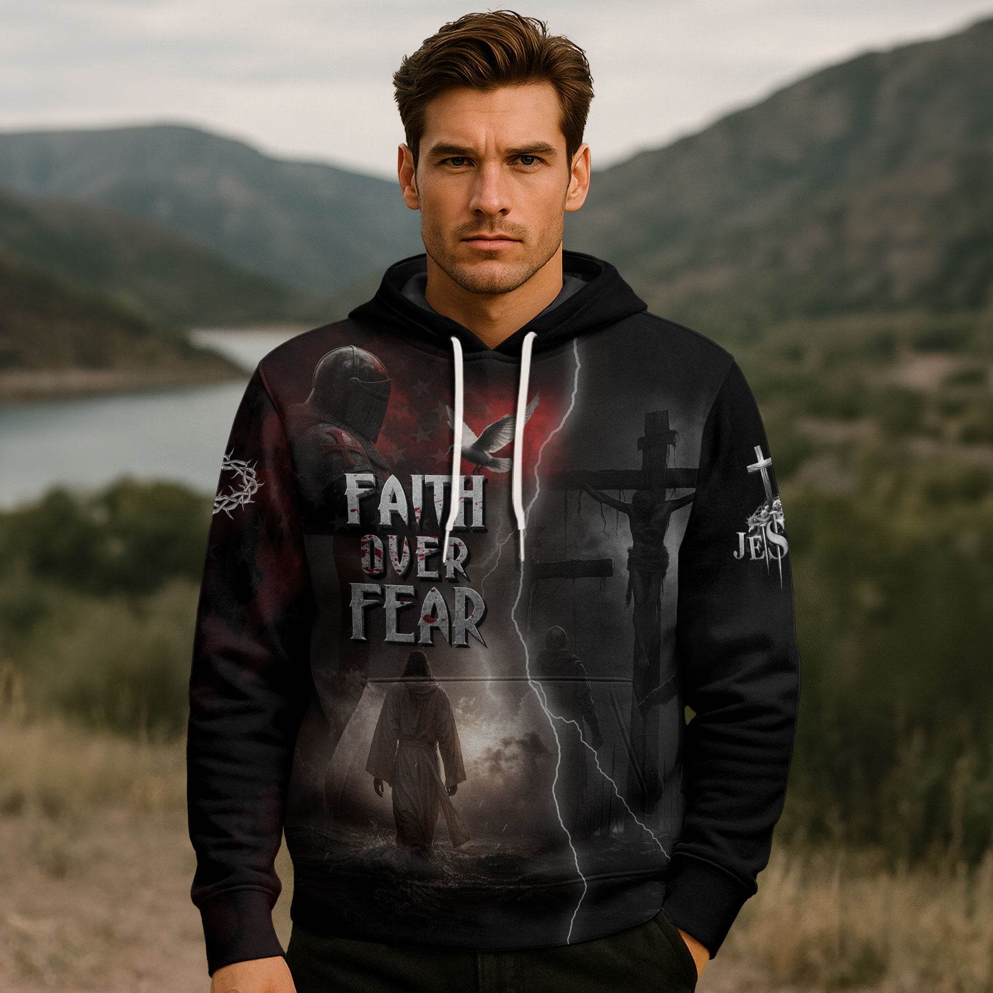 Faith Over Fear Jesus Lion & Cross Christian Hoodie - Rust Field Wear