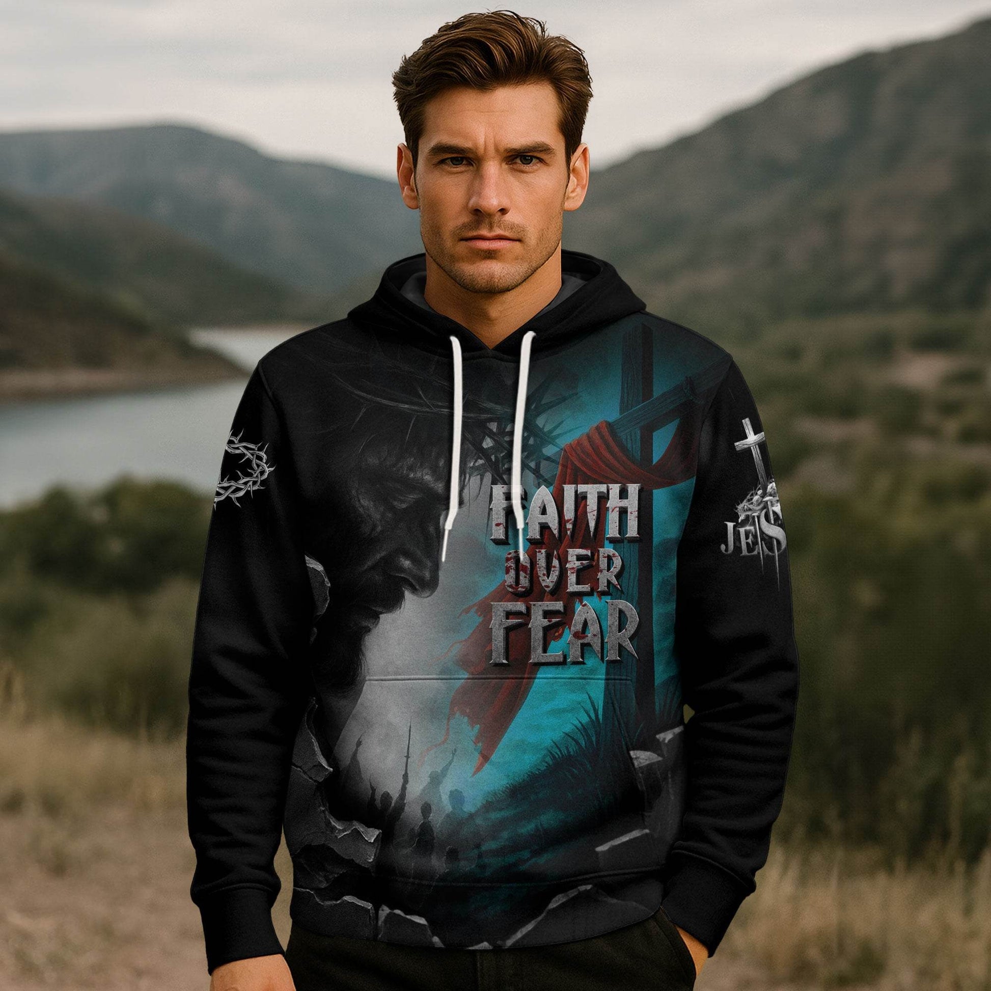 Faith Over Fear Jesus & Lion Cross Lightning Hoodie - Rust Field Wear