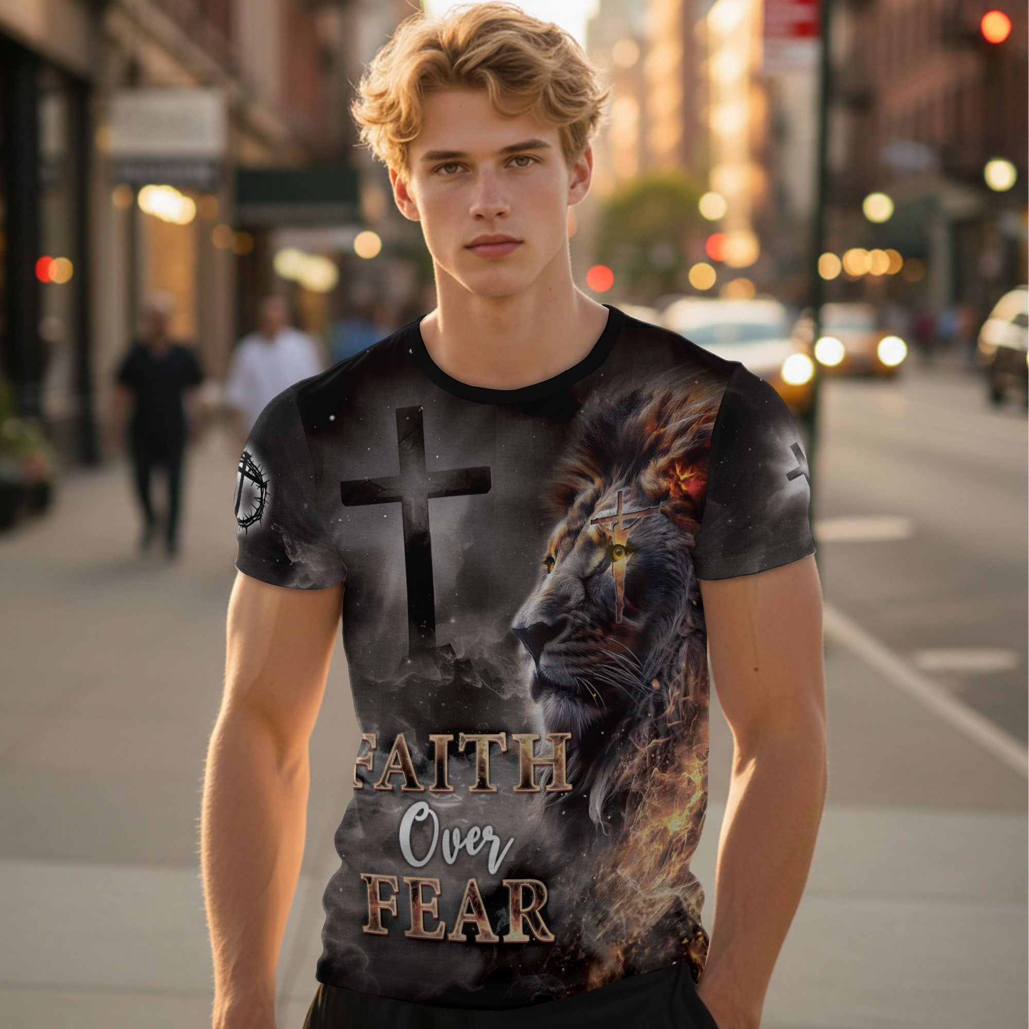 Faith Over Fear T-Shirt – Lion and Cross Full Print Design