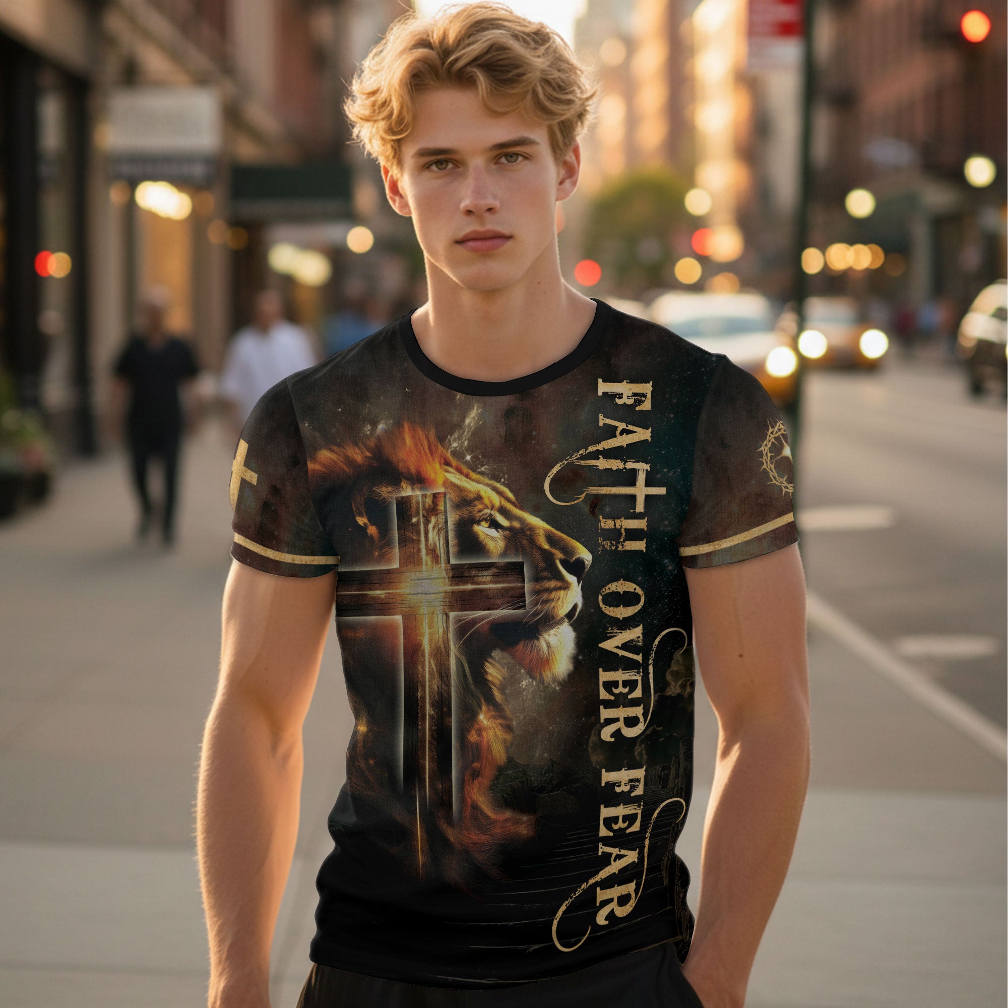 Faith Over Fear with Fiery Lion & Glowing Cross – Christian T-Shirt
