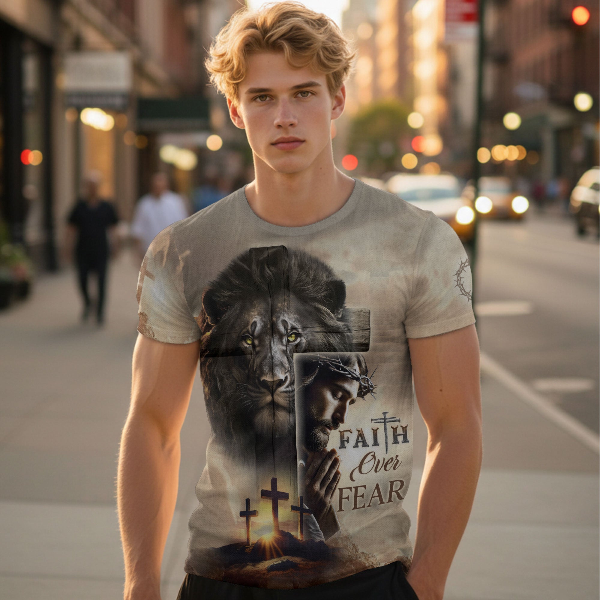 Faith Over Fear - Blood-Stained Cross & Risen Lion T-Shirt