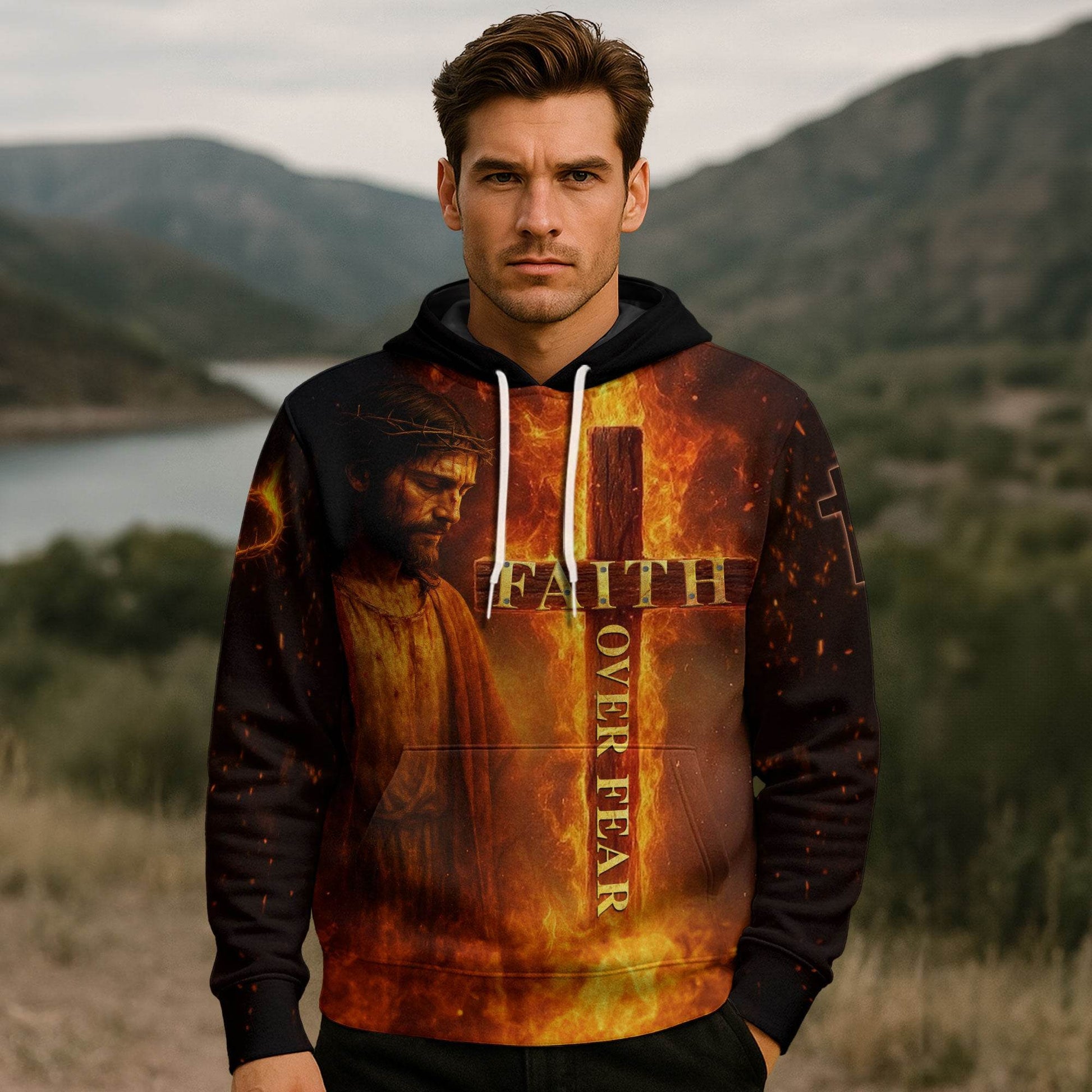 Faith Over Fear Cross & Lion of Judah Flame Design Hoodie - Rust Field Wear