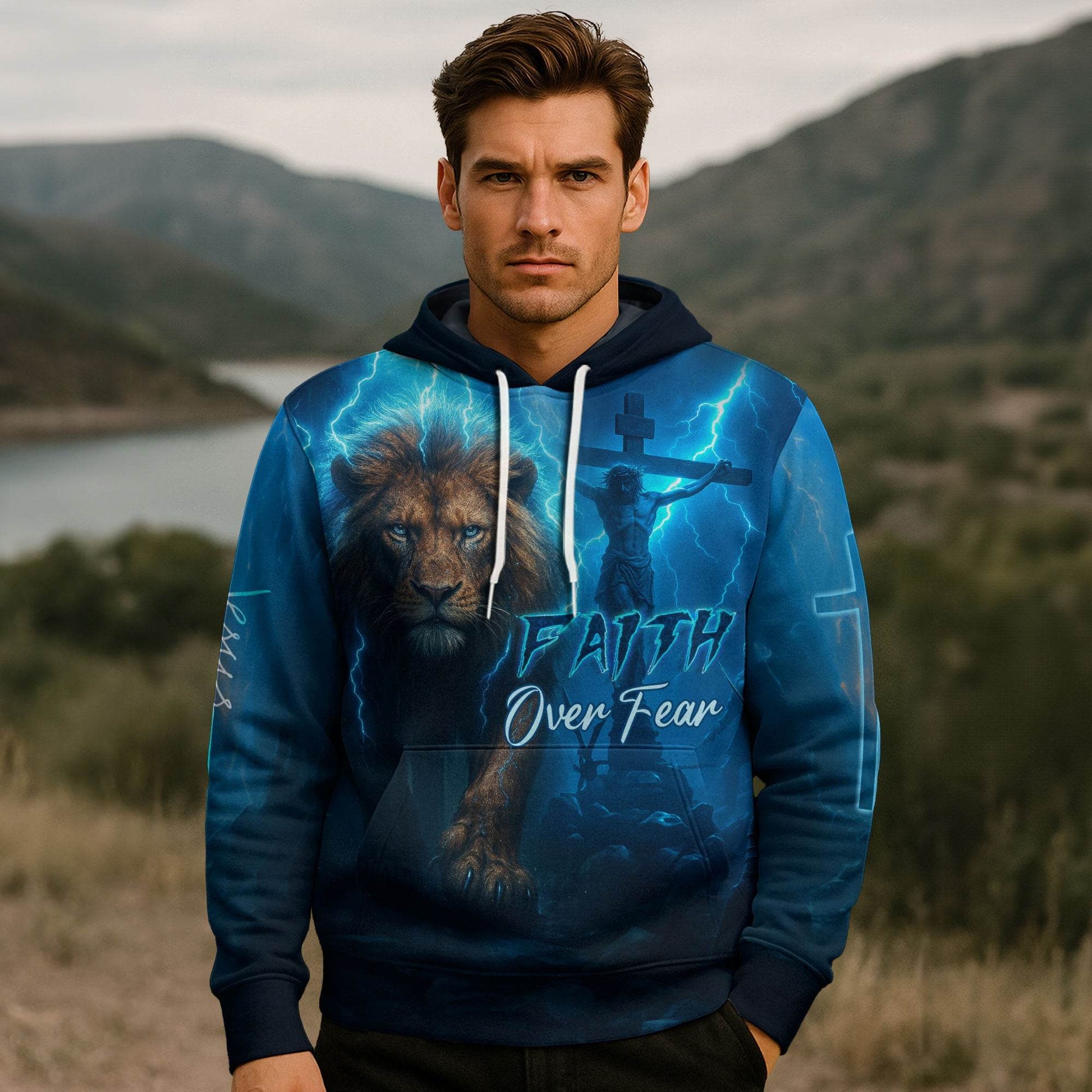 Faith Over Fear Lion & Cross Lightning Blue Hoodie - Rust Field Wear