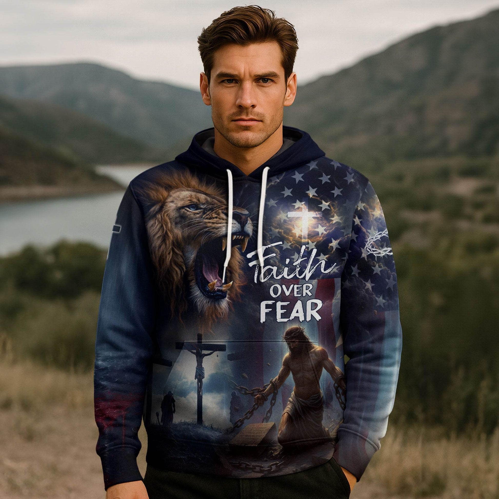 Faith Over Fear Lion of Judah American Flag Cross Hoodie - Rust Field Wear