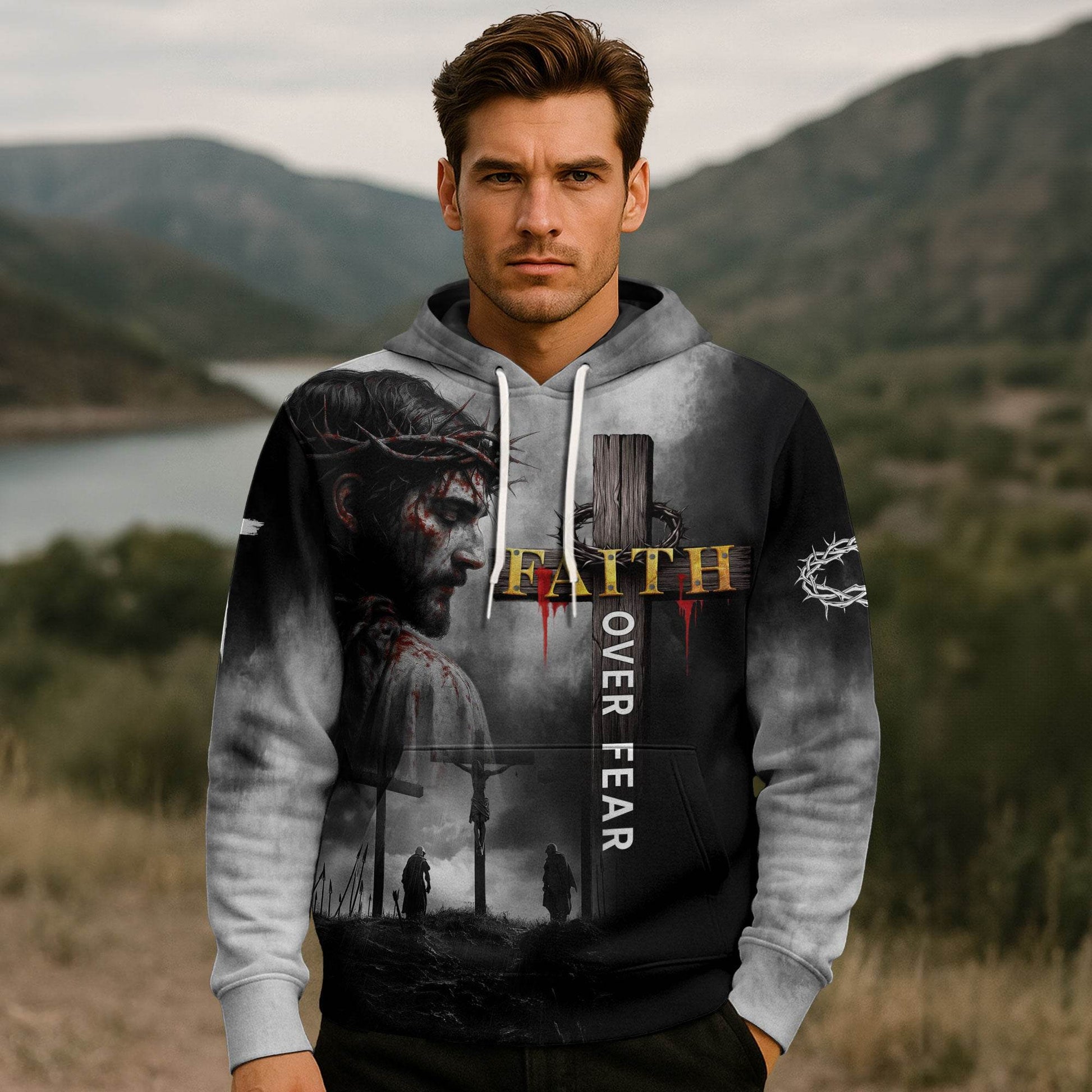 Faith Over Fear Jesus Crown of Thorns & Cross Lion Hoodie - Rust Field Wear