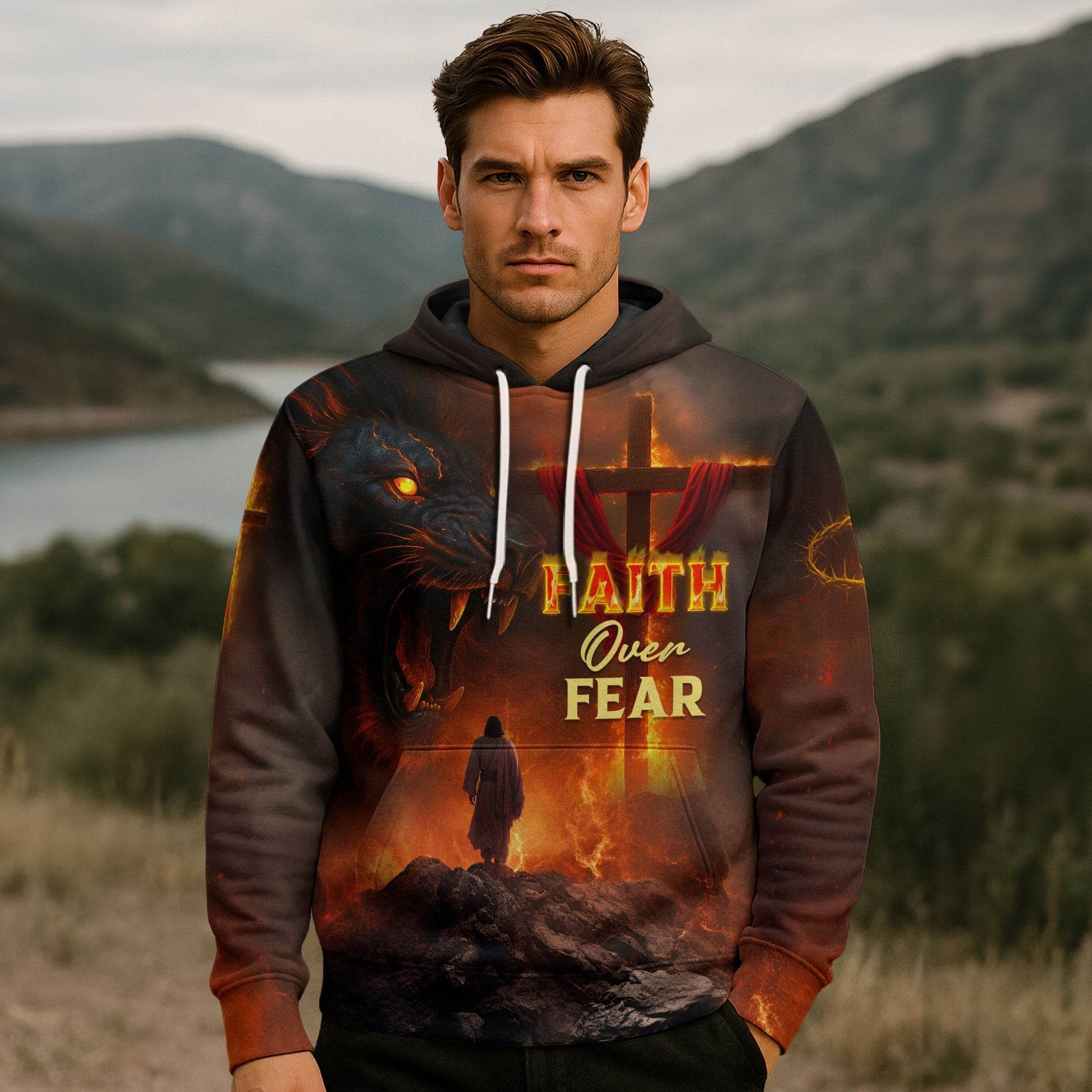 Faith Over Fear Fiery Lion & Cross Christian Hoodie - Rust Field Wear