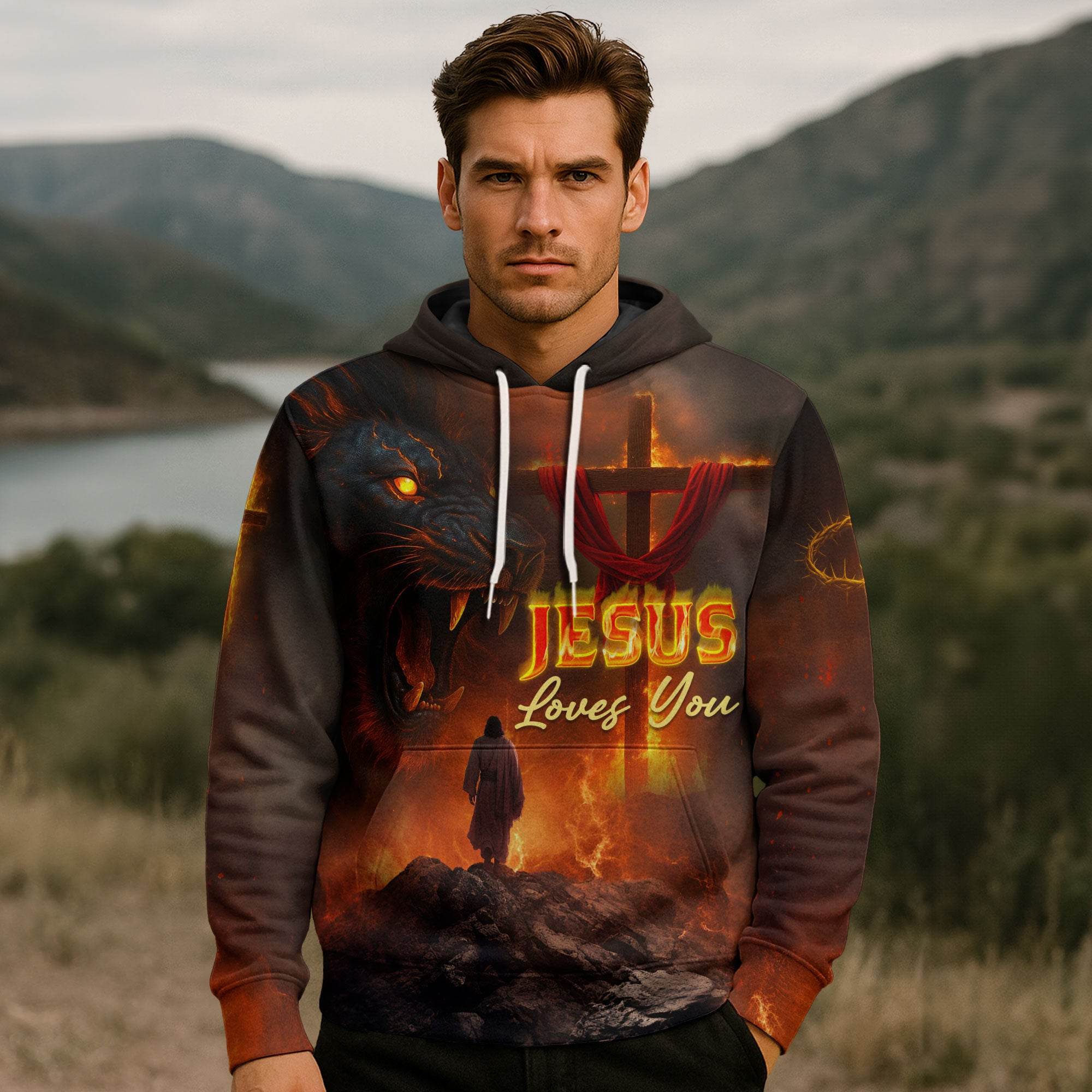 Jesus Loves You Fiery Cross & Lion Hoodie - Rust Field Wear