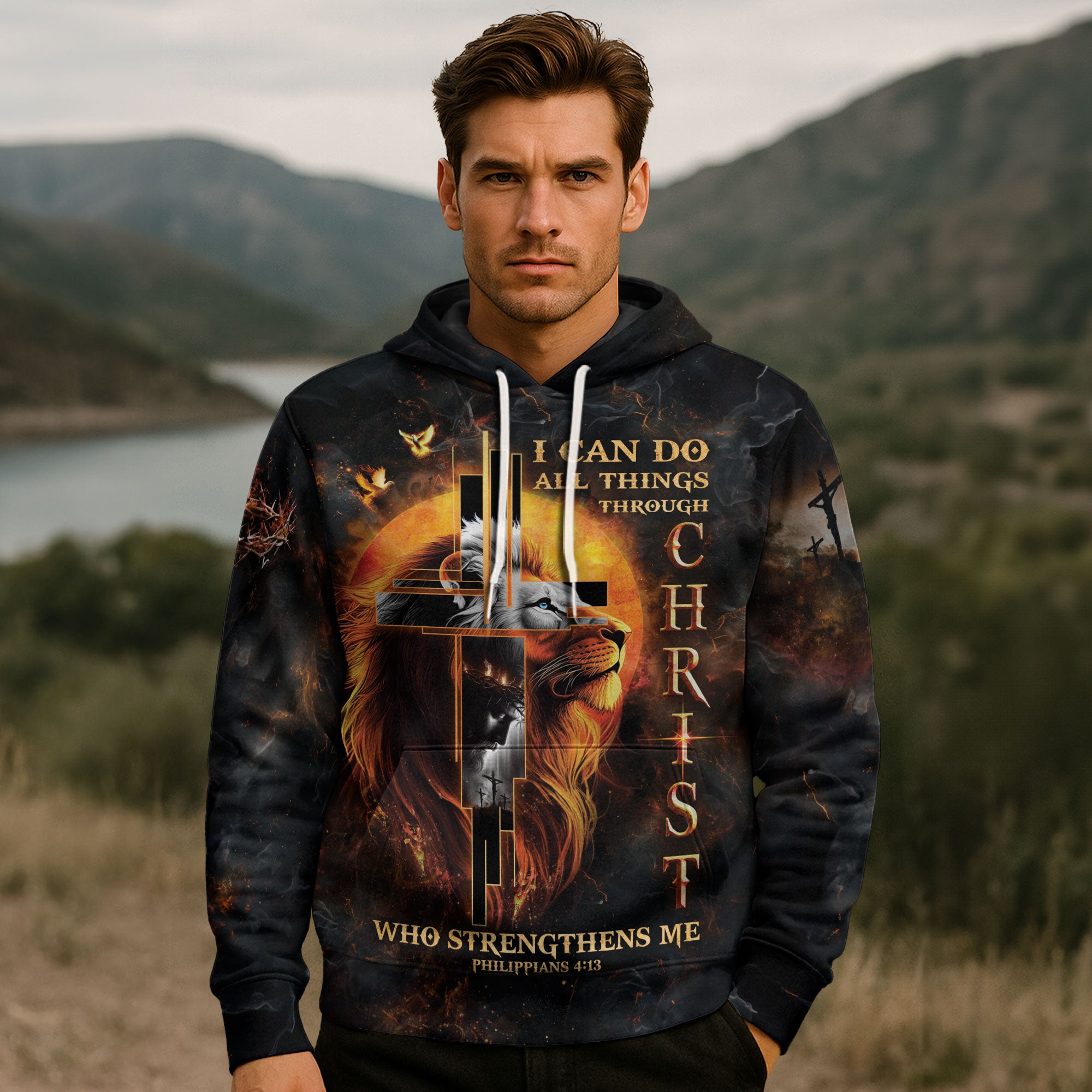 Philippians 4:13 Lion of Judah Cross I Can Do All Things Christian Hoodie