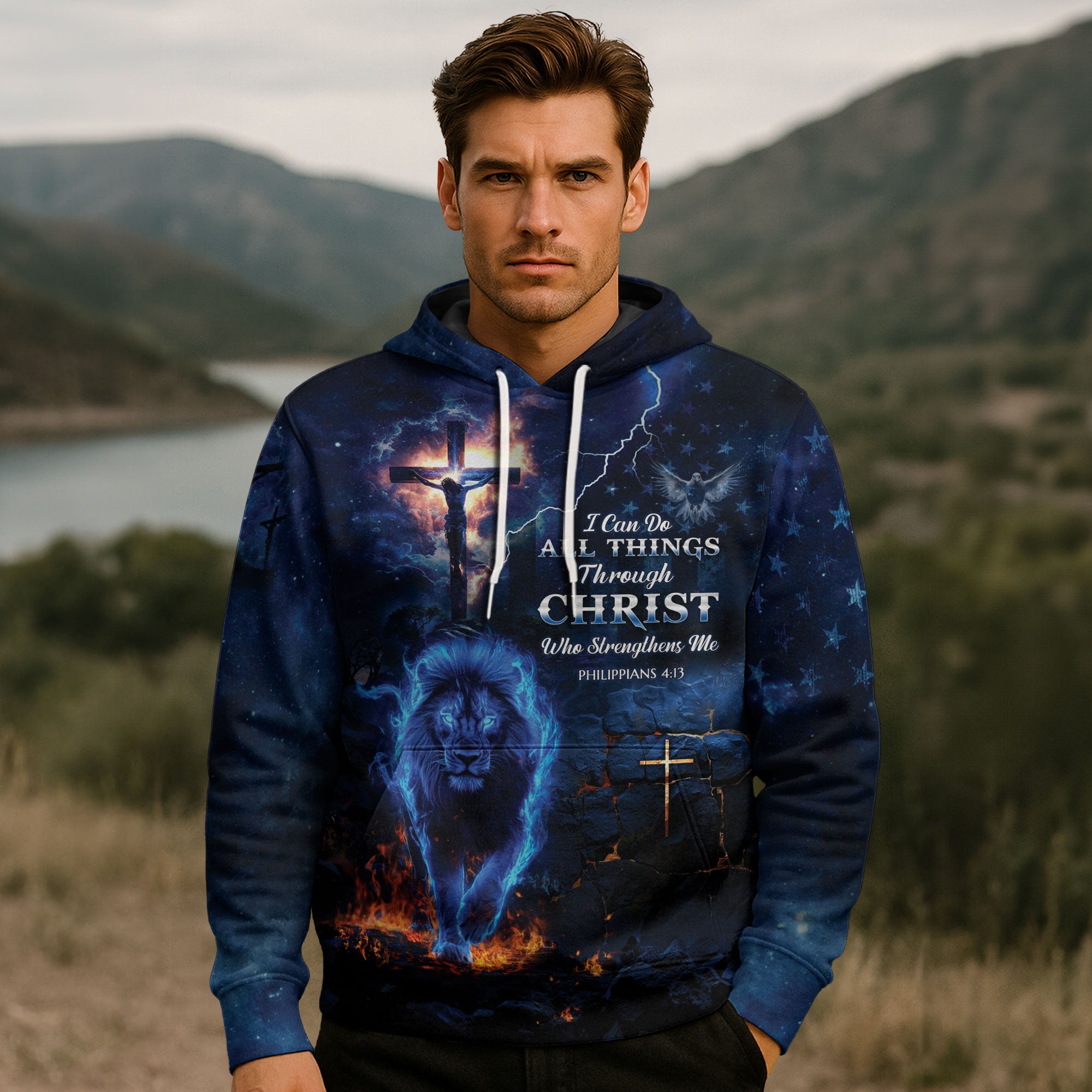 Philippians 4:13 Blue Lion of Judah Cross Christian Hoodie