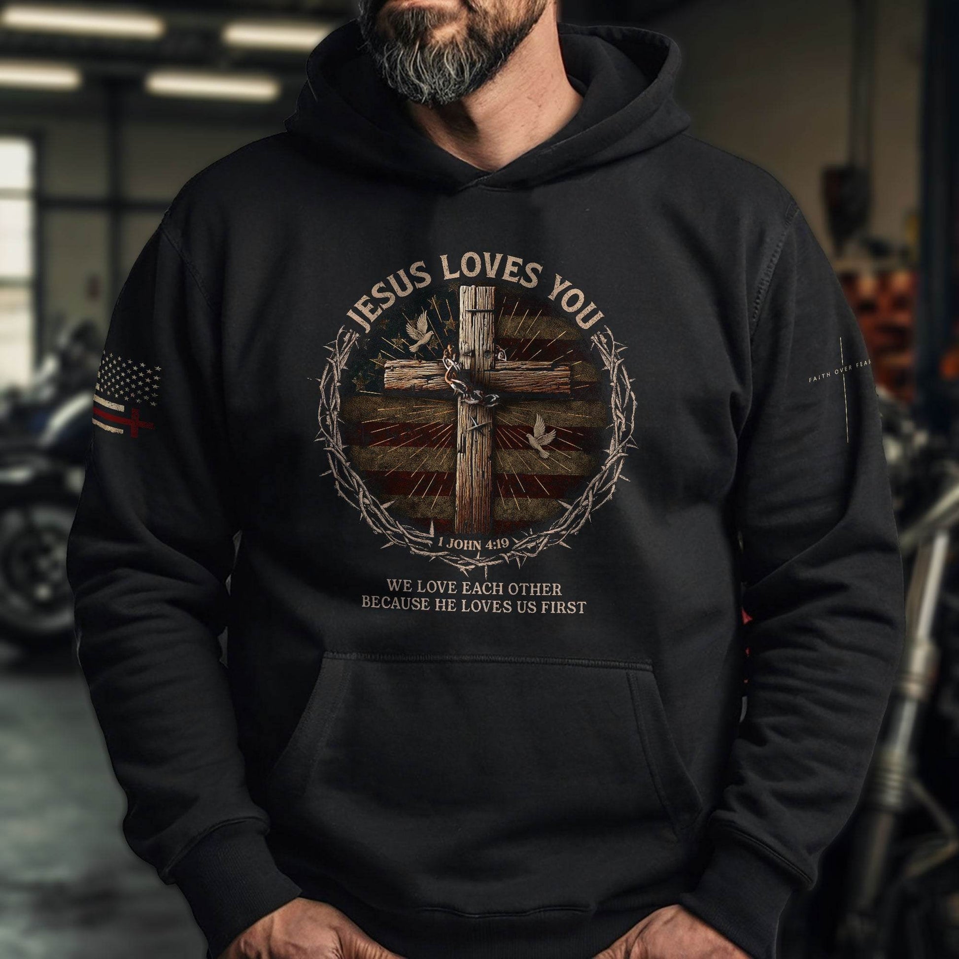 Jesus Loves You 1 John 4:19 Christian Patriotic Hoodie - Rust Field Wear