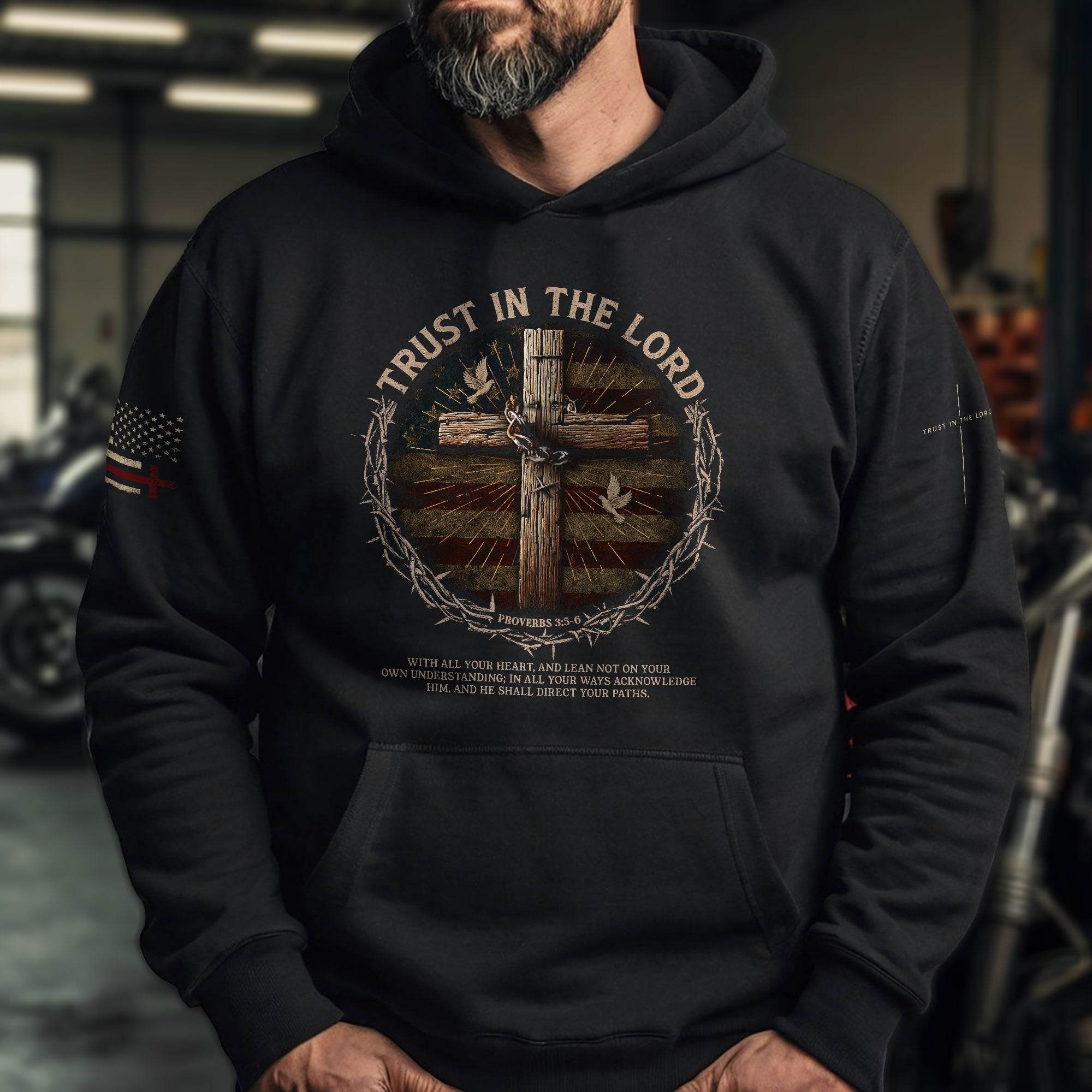 Trust In The Lord Cross And Flag Thin Red Line Hoodie - Rust Field Wear