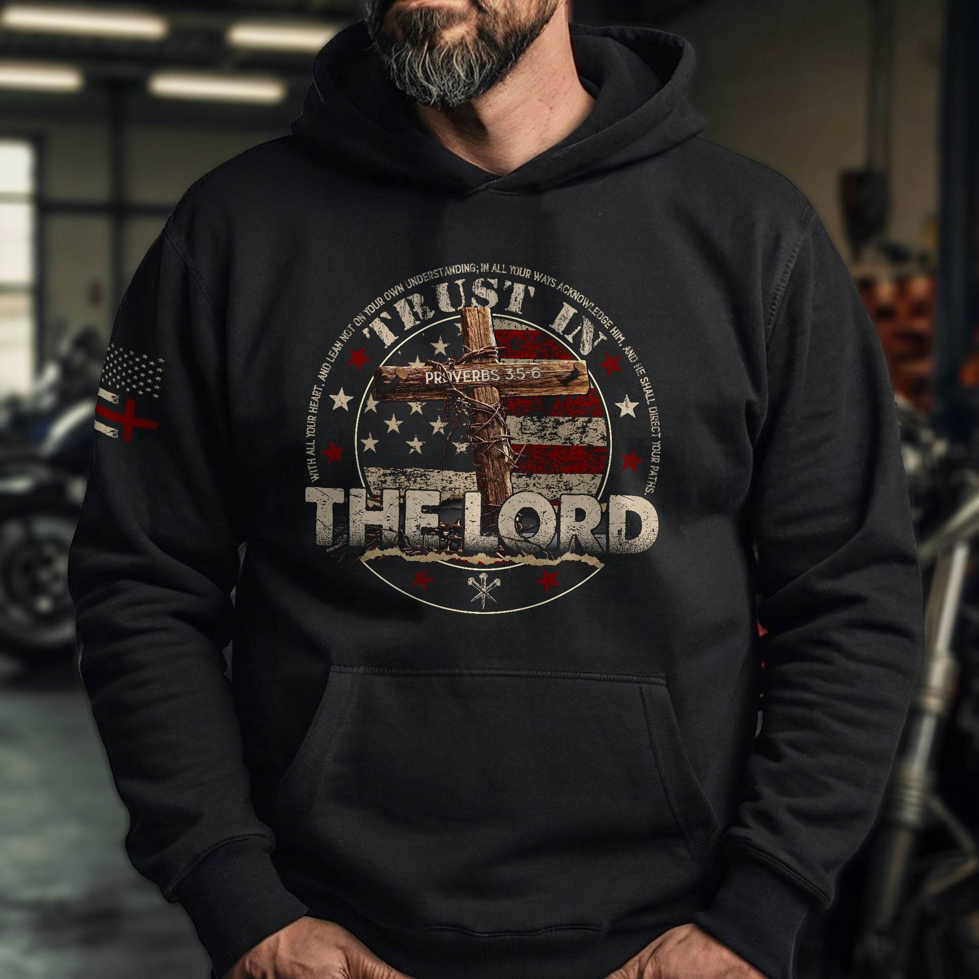 Trust in the Lord Hoodie – Proverbs 3:5-6 Cross & American Flag - Rust Field Wear