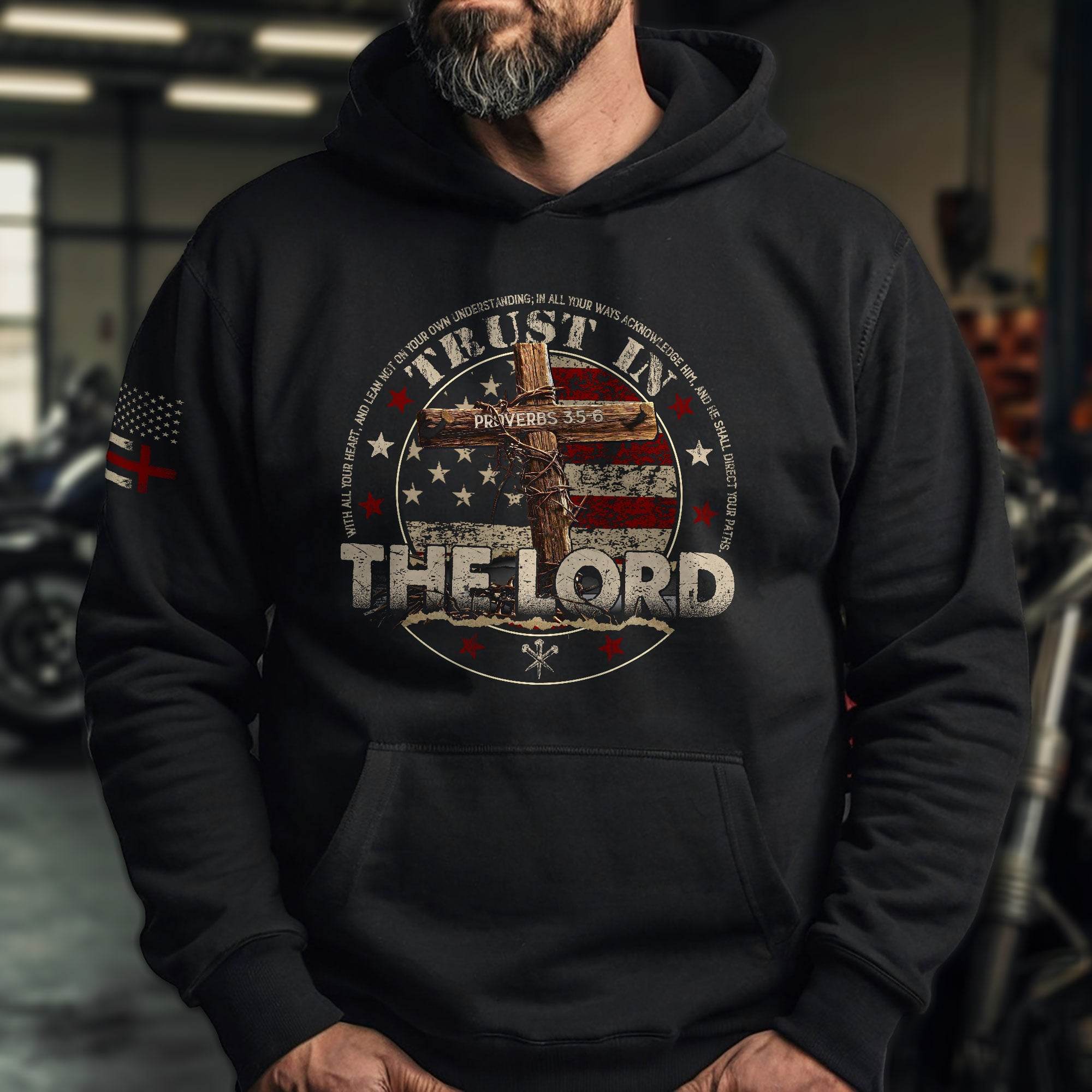 Trust in the Lord Hoodie – Proverbs 3:5-6 Cross & American Flag - Rust Field Wear