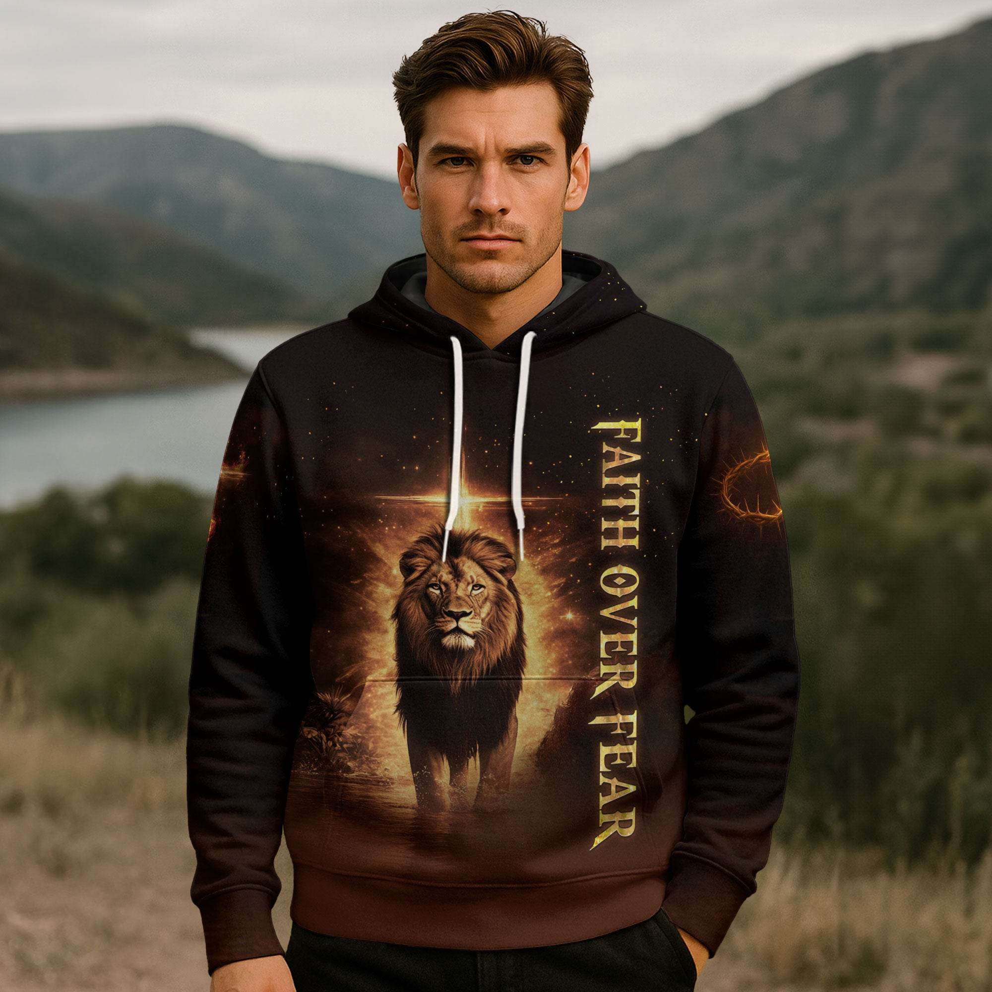 Authority Over The Storm "Faith Over Fear" Lion And Cross Hoodie