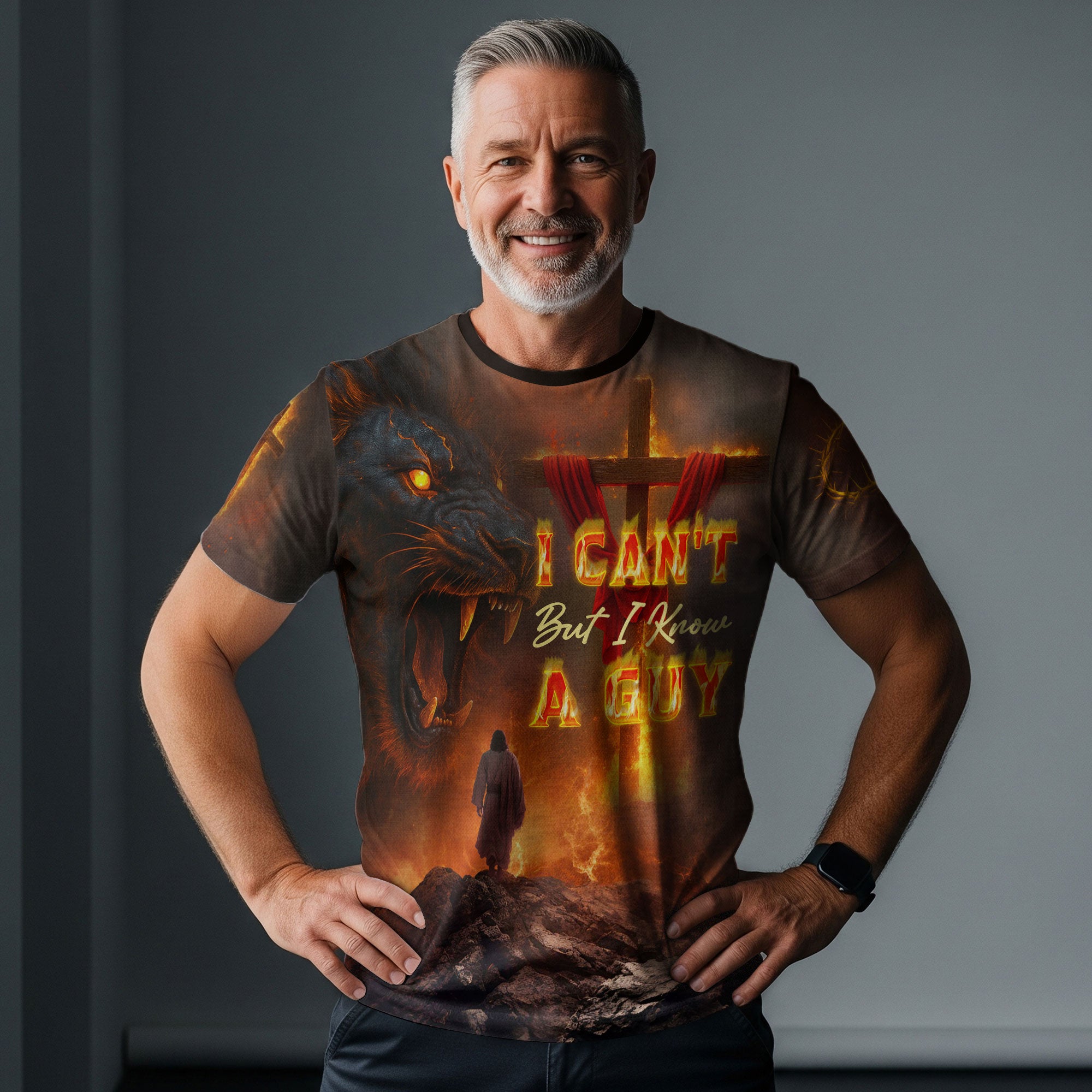 I Can’t But I Know A Guy Fiery Cross Lion of Judah Christian Faith T-Shirt