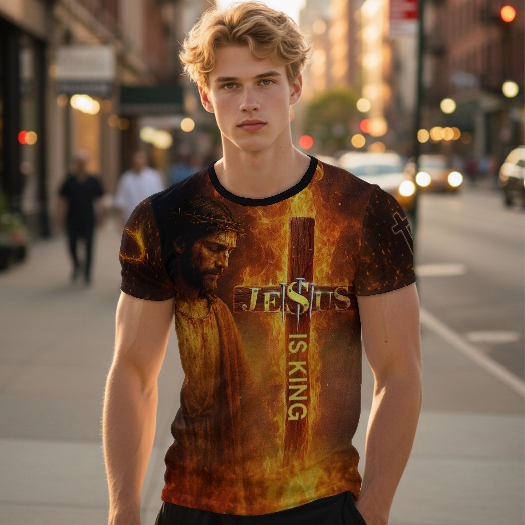 Jesus Is King Cross and Lion Fire Art T-Shirt