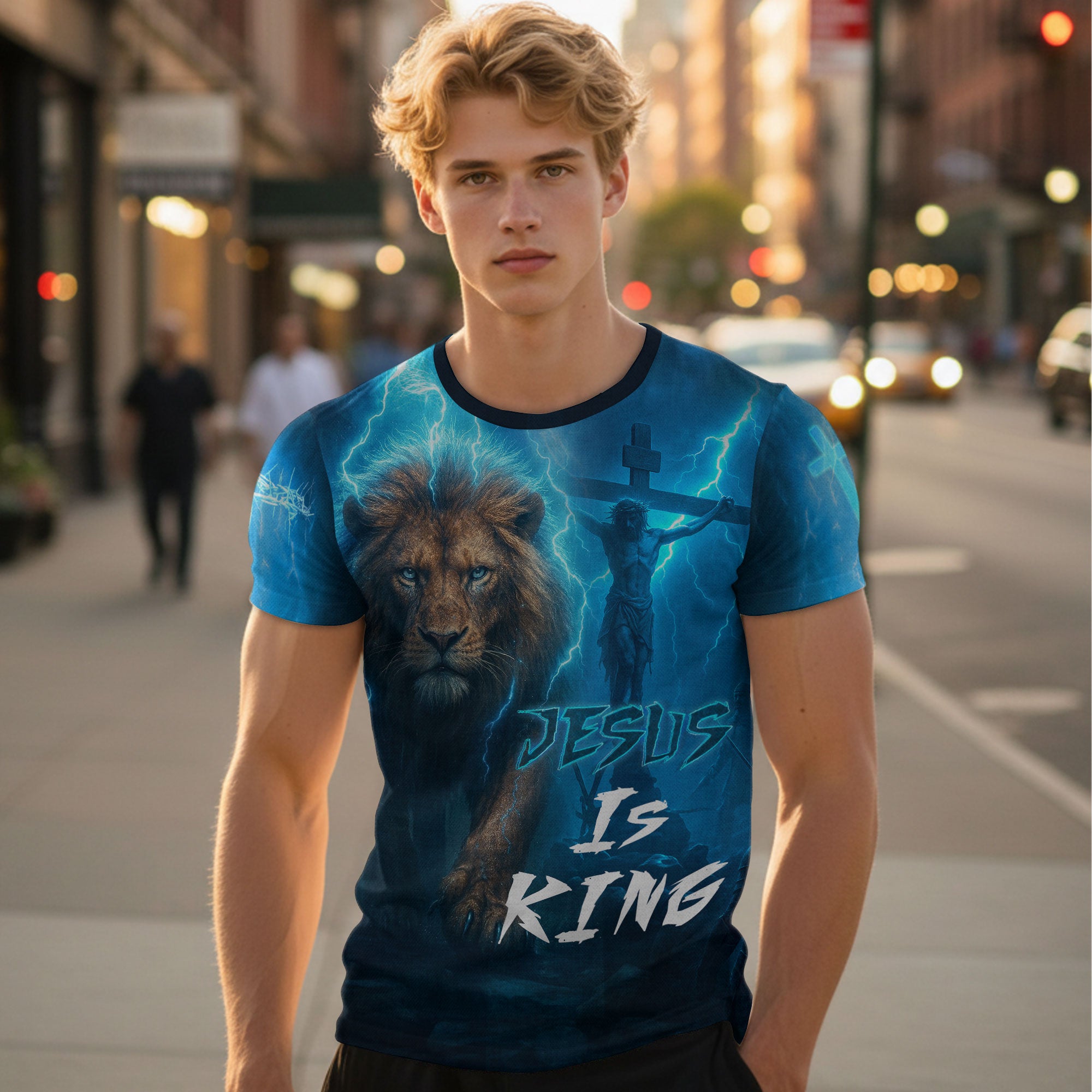Jesus Is King Lightning Lion Cross Christian T-Shirt