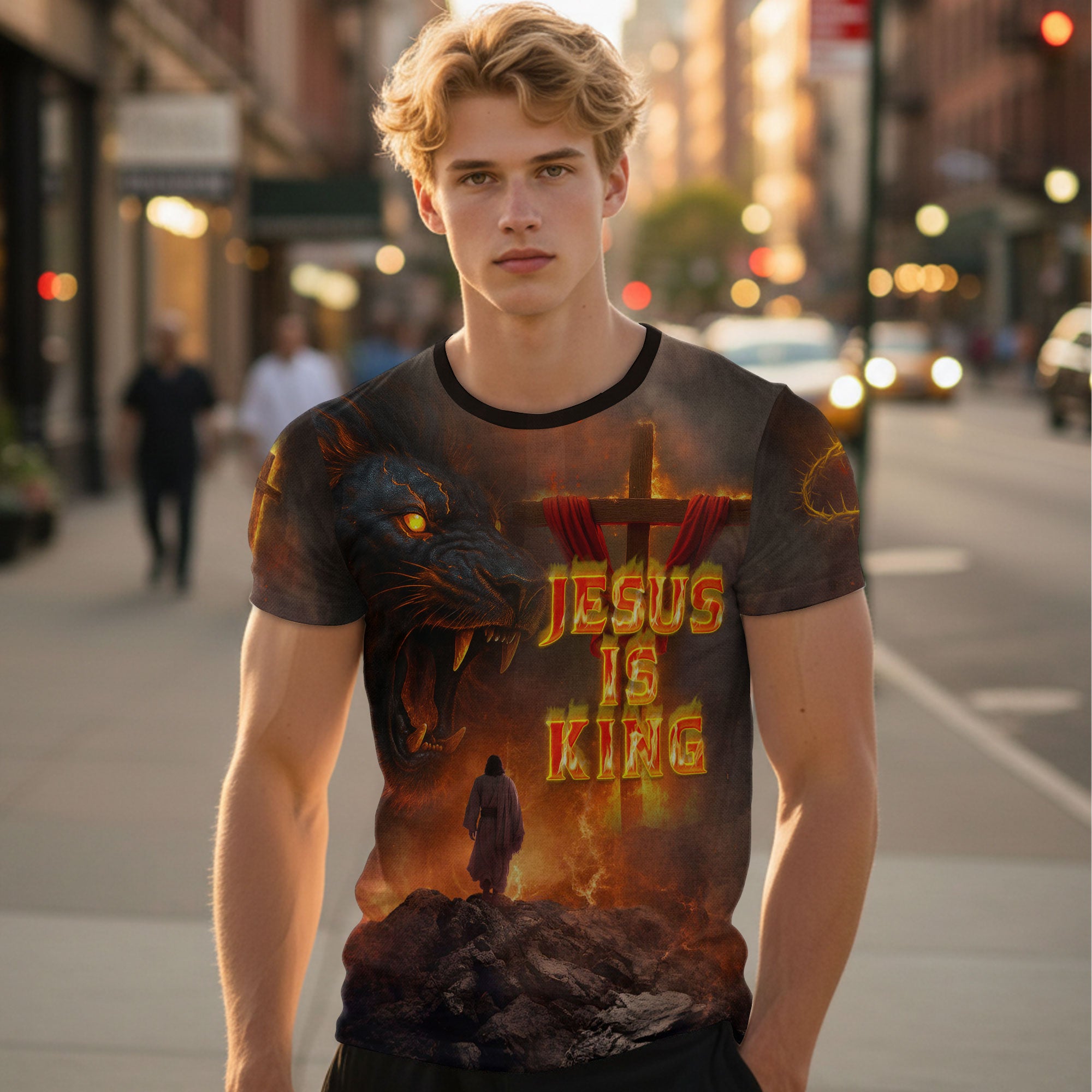 Jesus Is King With Fiery Lion And Cross T-Shirt