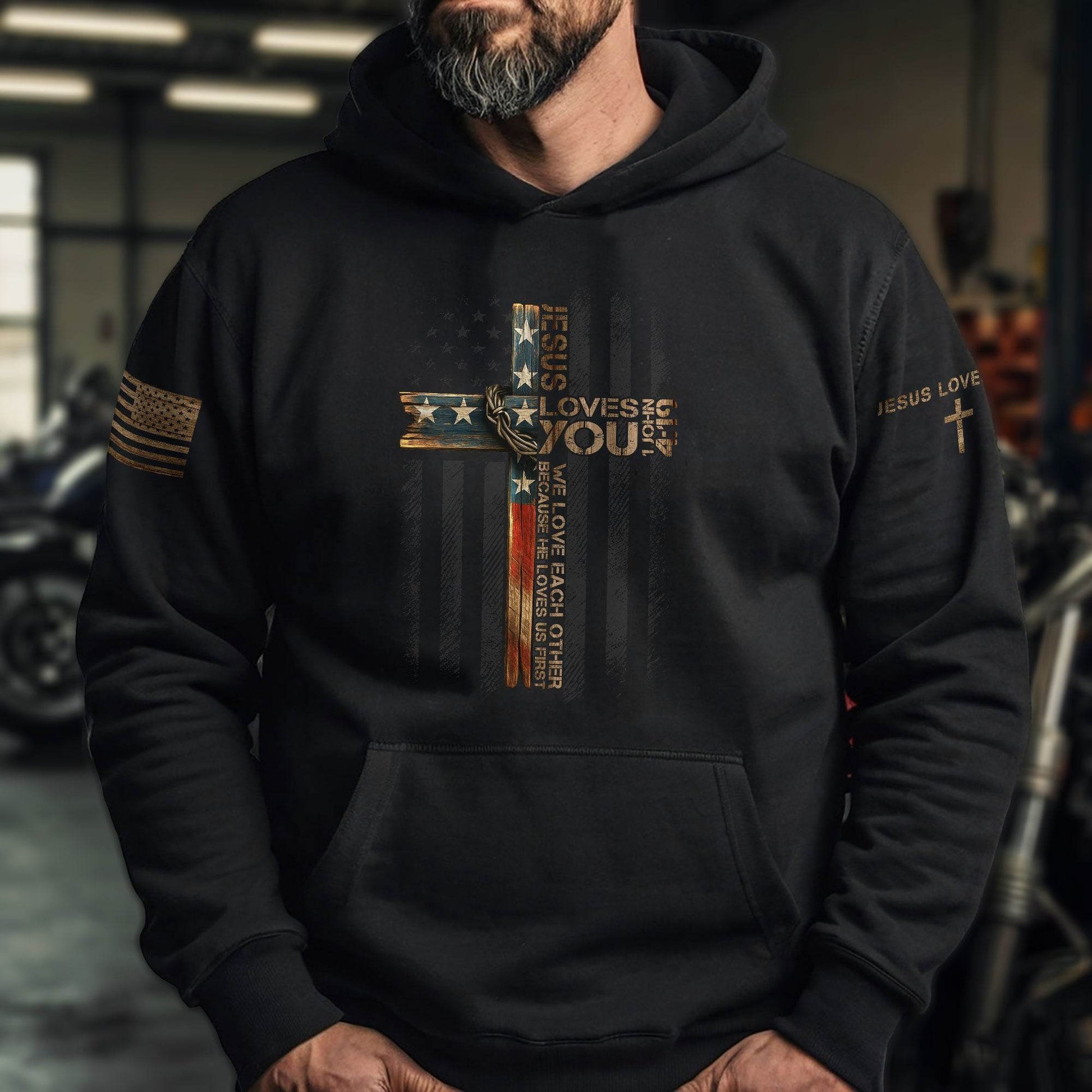 Jesus Loves You Christian Hoodie – Rustic American Flag Cross Print - Rust Field Wear