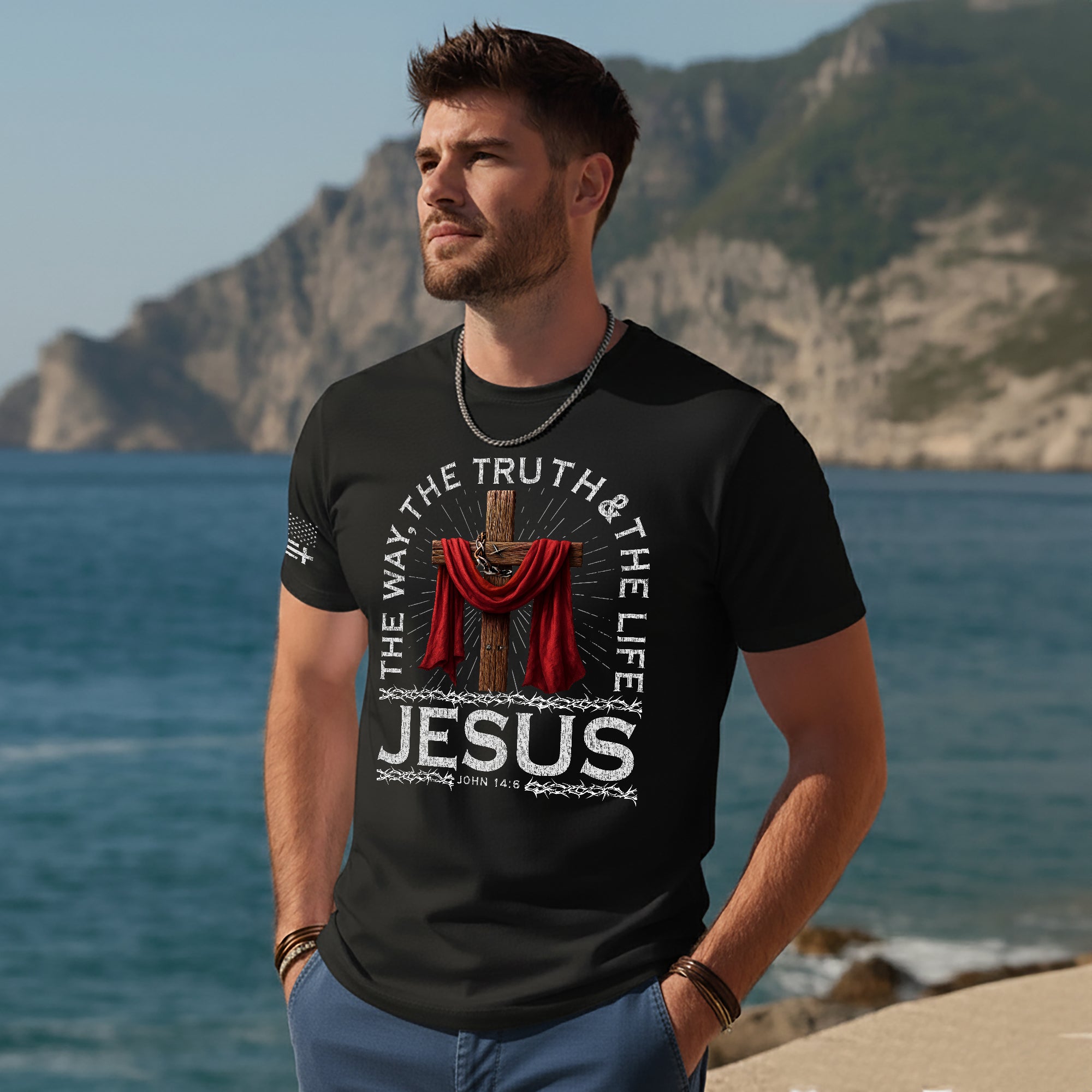 The Way The Truth The Life John 14:6 Jesus Cross Red Cloth T-Shirt