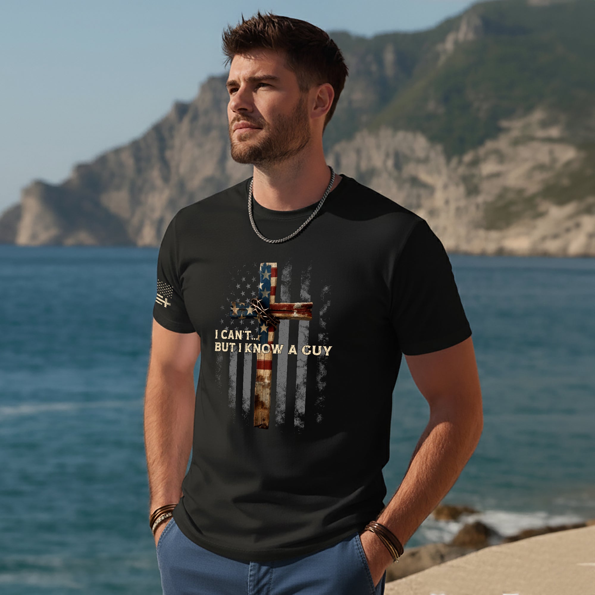 I Can’t But I Know A Guy American Flag Cross T-Shirt