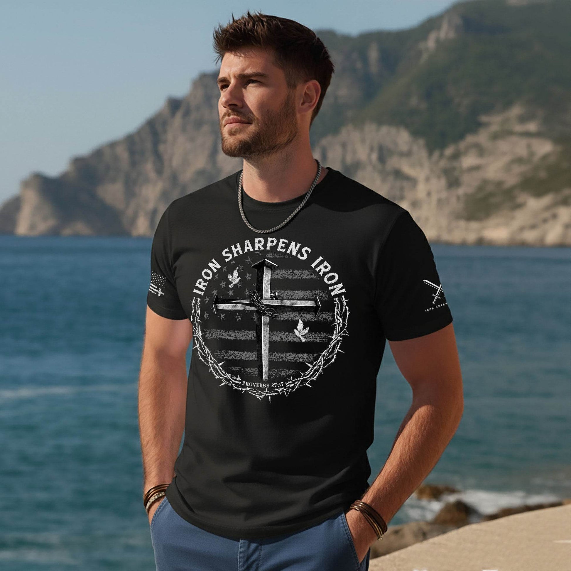 Iron Sharpens Iron Cross Proverbs 27:17 Christian T-Shirt - Rust Field Wear