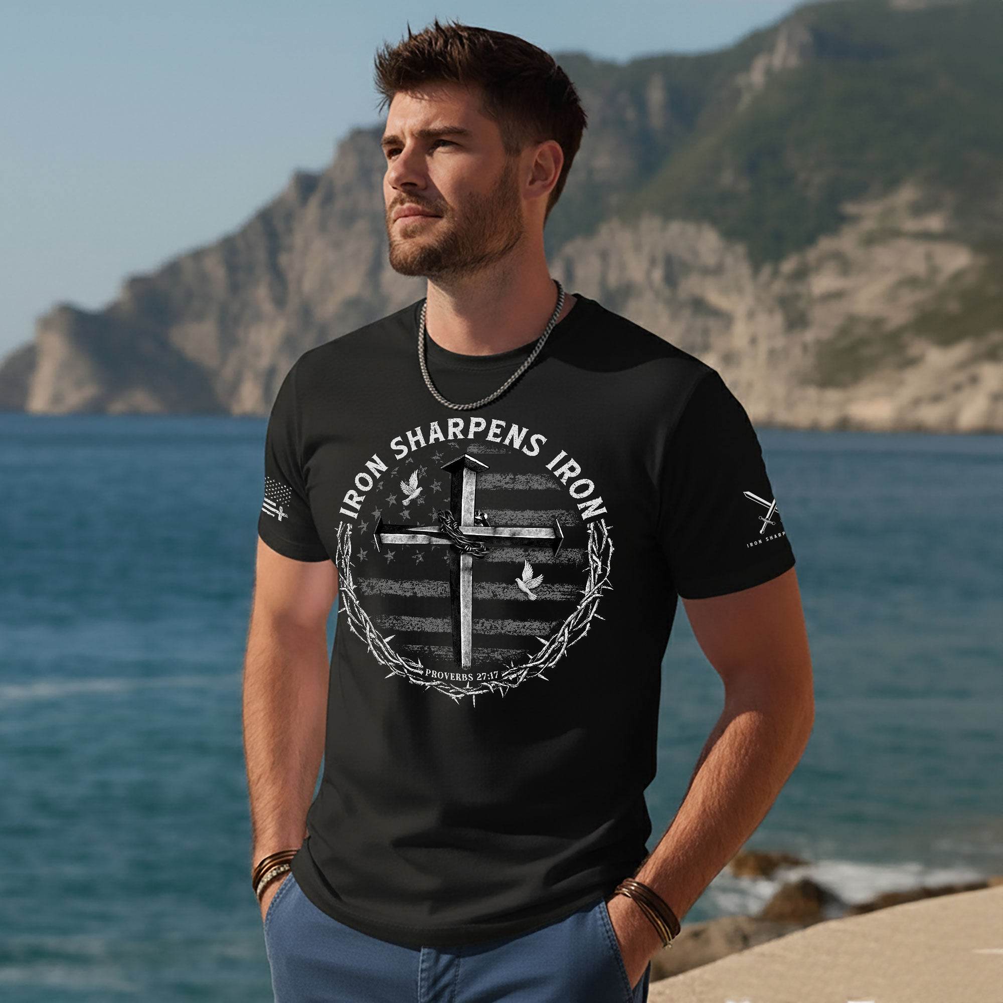 Iron Sharpens Iron Cross Proverbs 27:17 Christian T-Shirt - Rust Field Wear