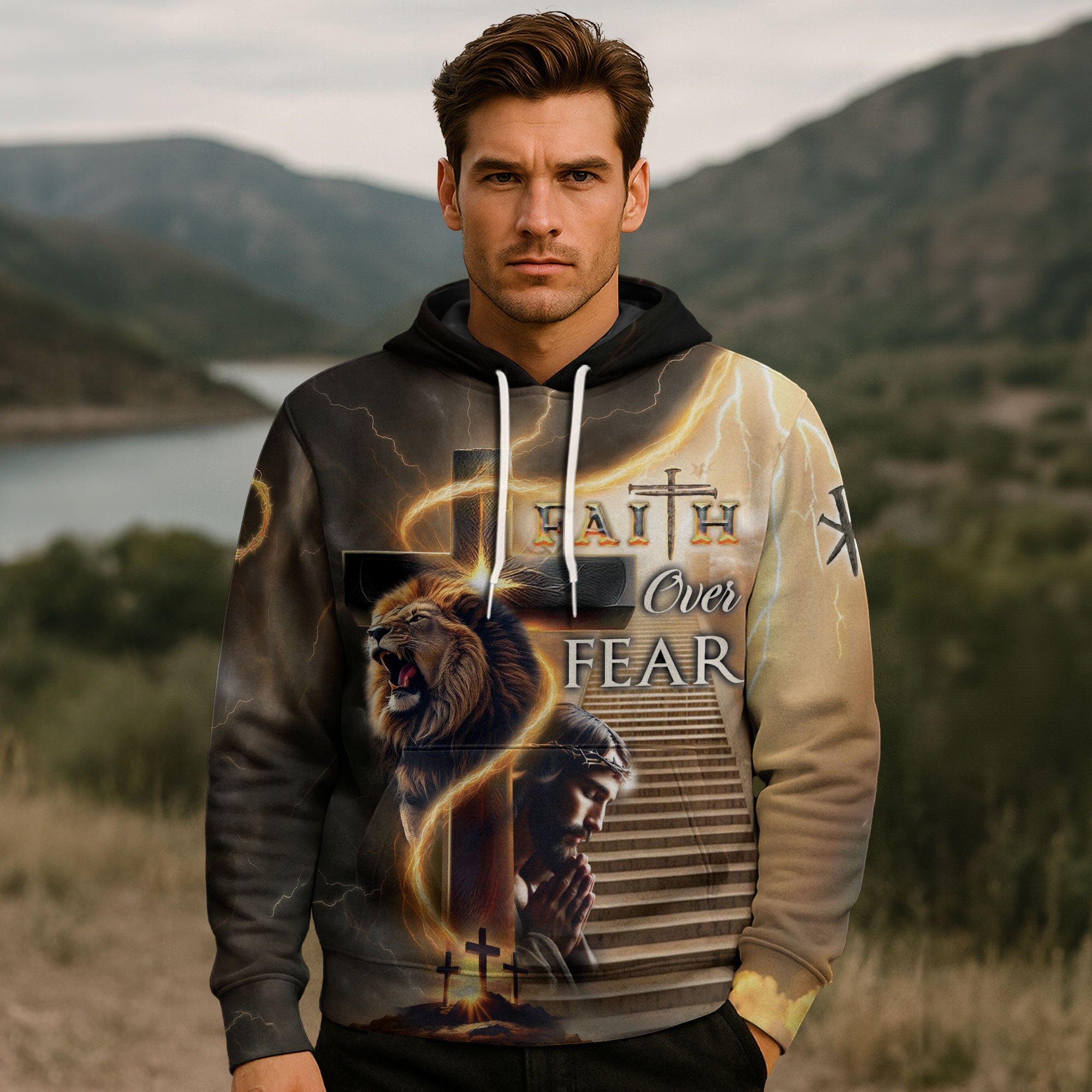 Faith Over Fear Lion and Cross Lightning Hoodie