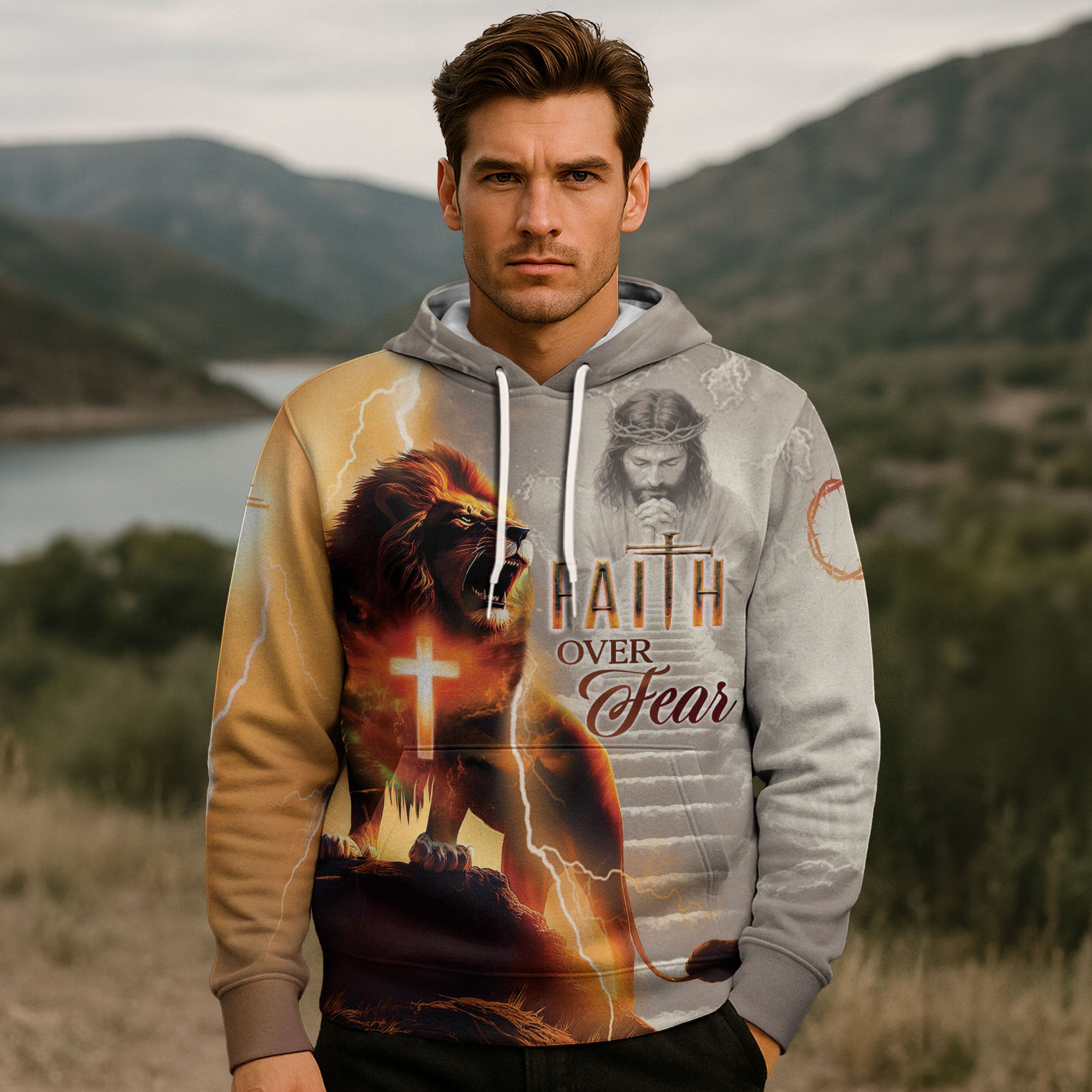 Faith Over Fear Lion and Cross Lightning Christian Hoodie