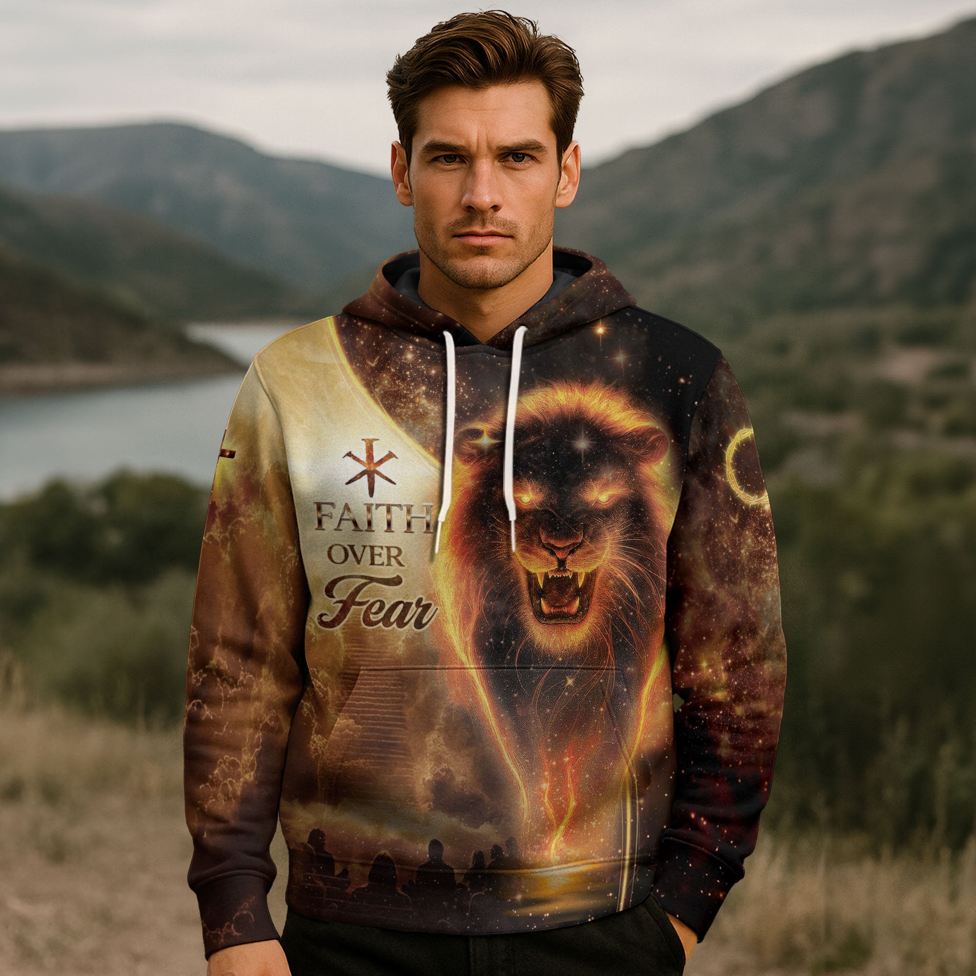 Faith Over Fear Lion & Cross with Crucifixion Scene Hoodie
