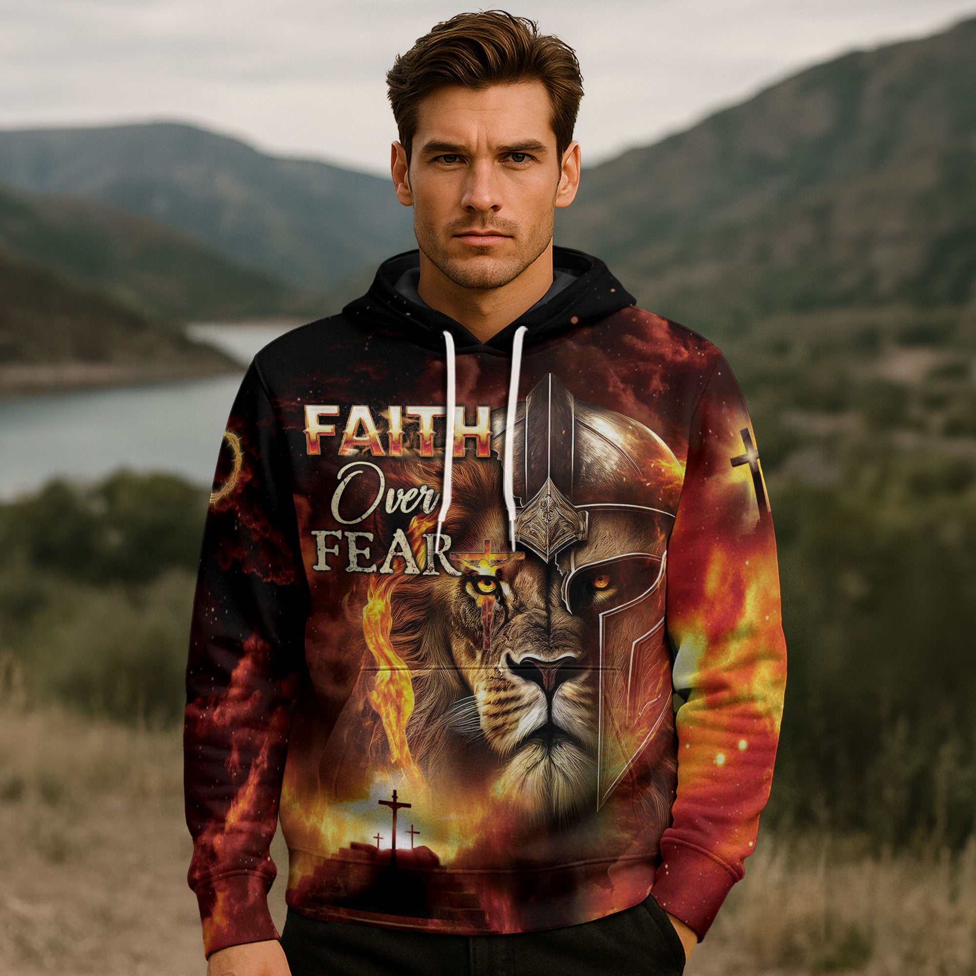 Faith Over Fear Lion Warrior & Cross Christian Hoodie