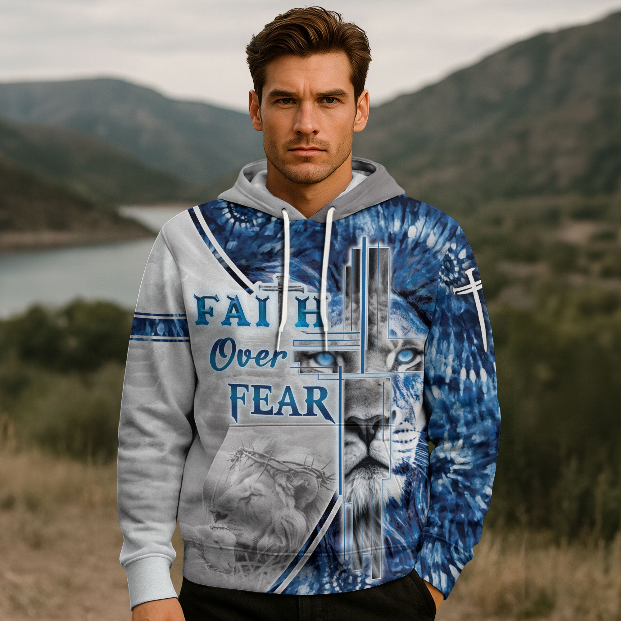 Faith Over Fear Fiery Cross & Lion Hoodie