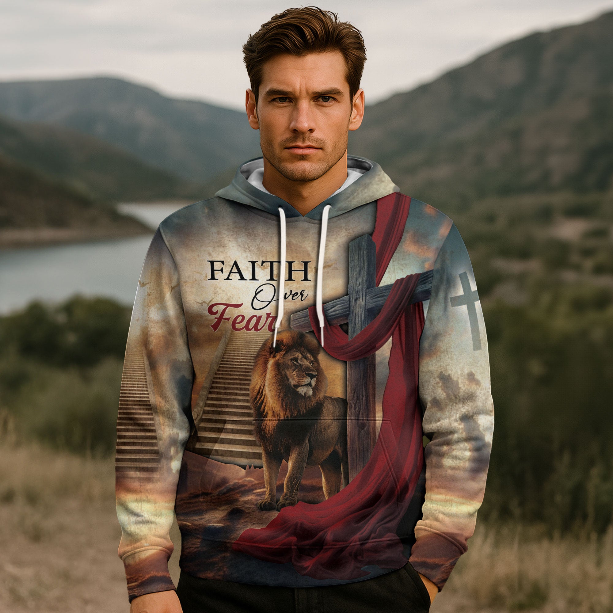 Faith Over Fear Lion and Cross with Red Cloth Christian Hoodie
