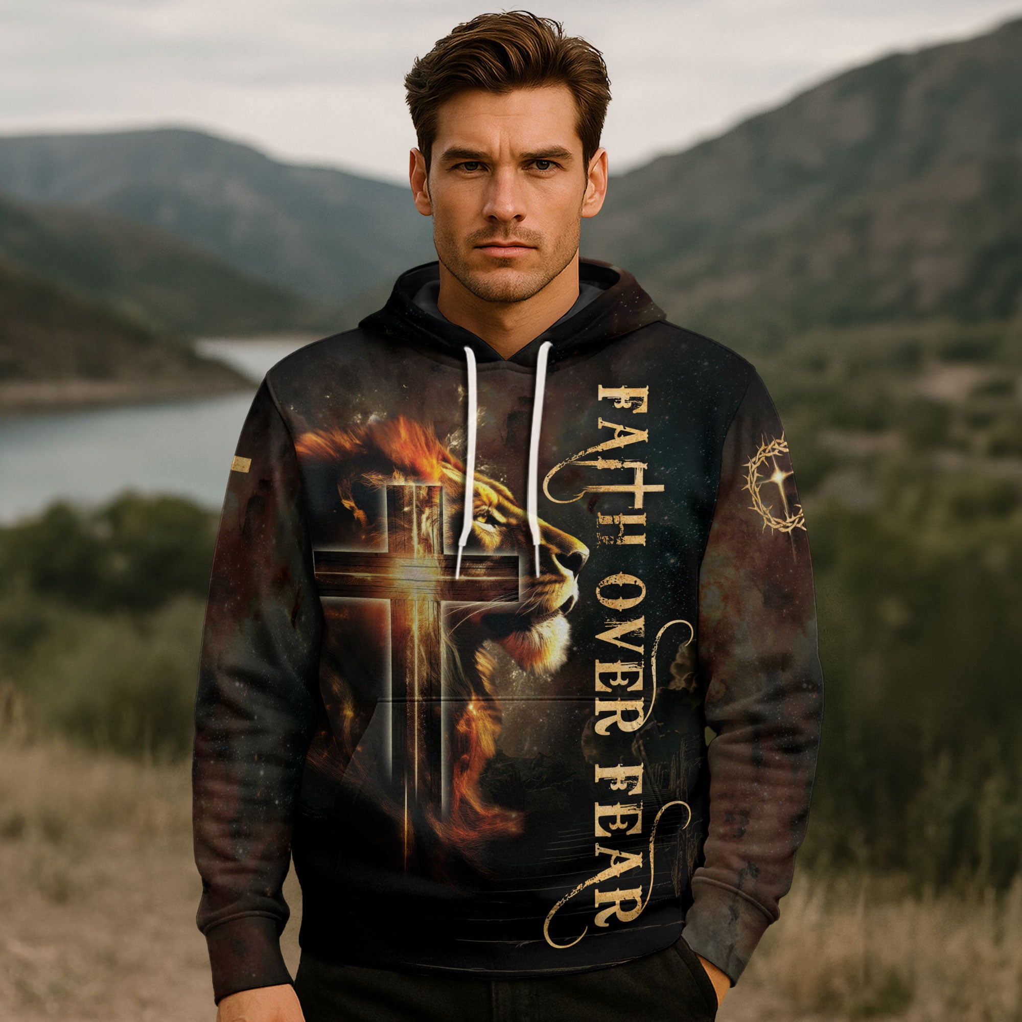 Faith Over Fear Lion & Cross Galaxy Glow Hoodie