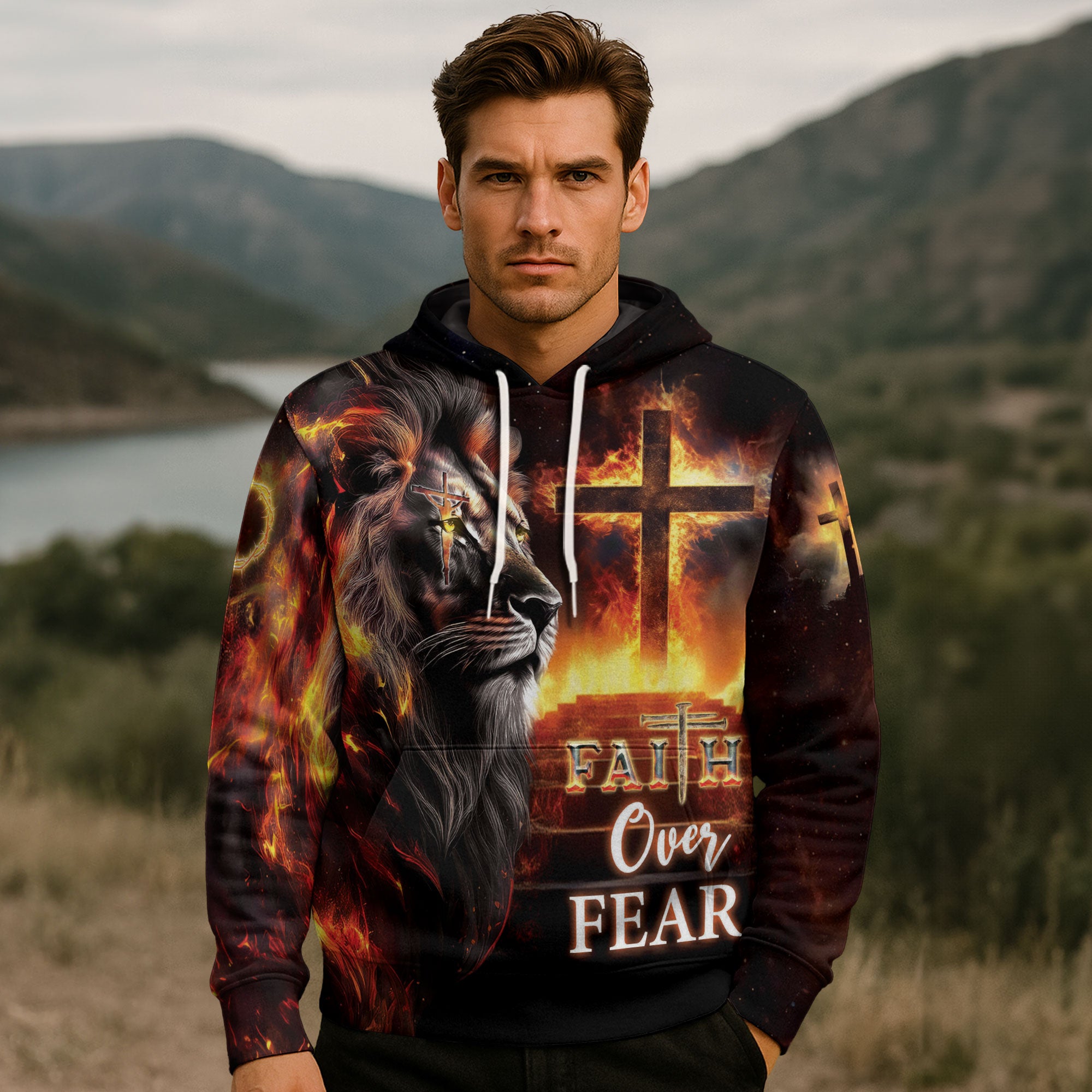 Faith Over Fear Cross & Lion Christian Hoodie