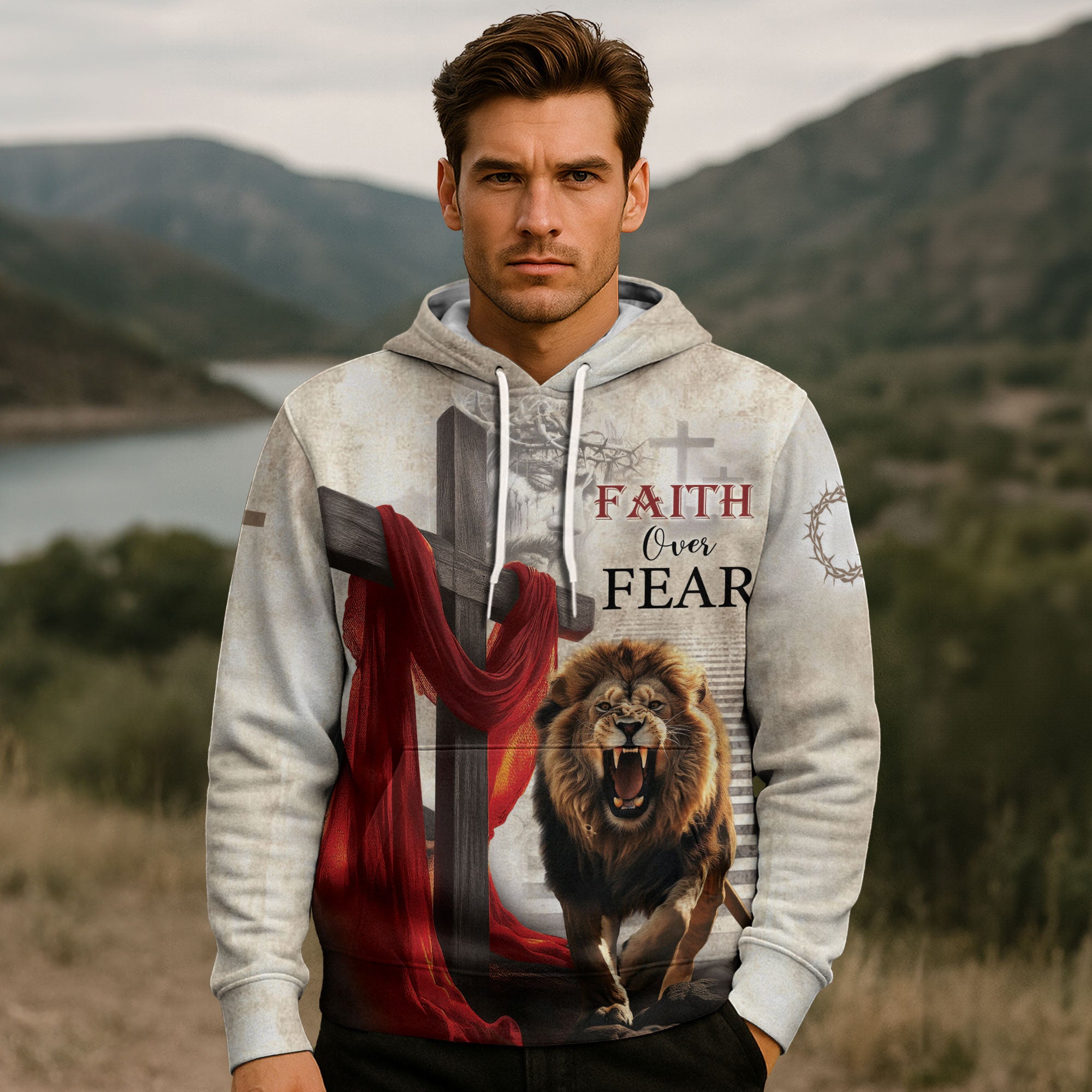 Lion of Judah Faith Over Fear Cross Hoodie