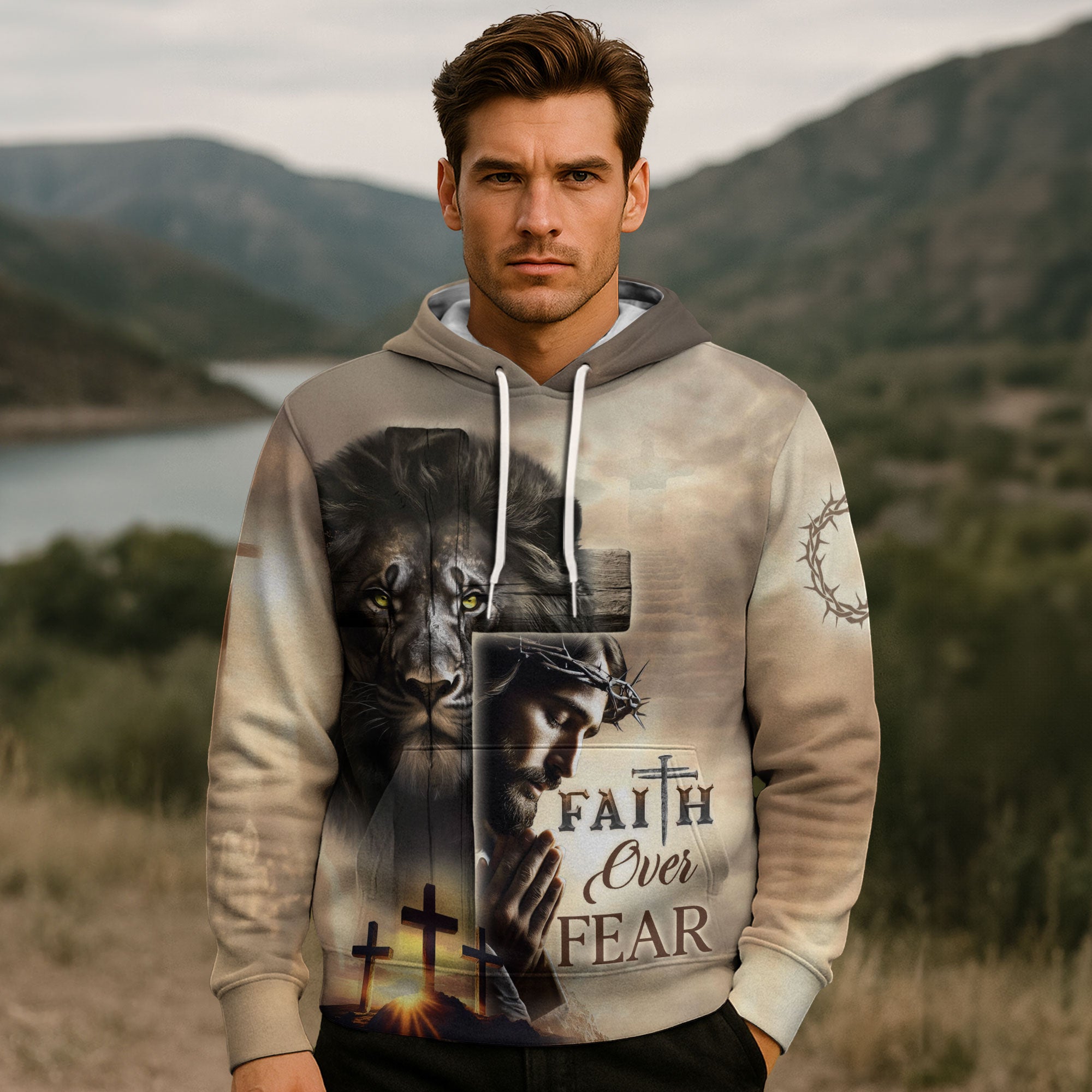 Faith Over Fear Lion and Cross Sunset Hoodie