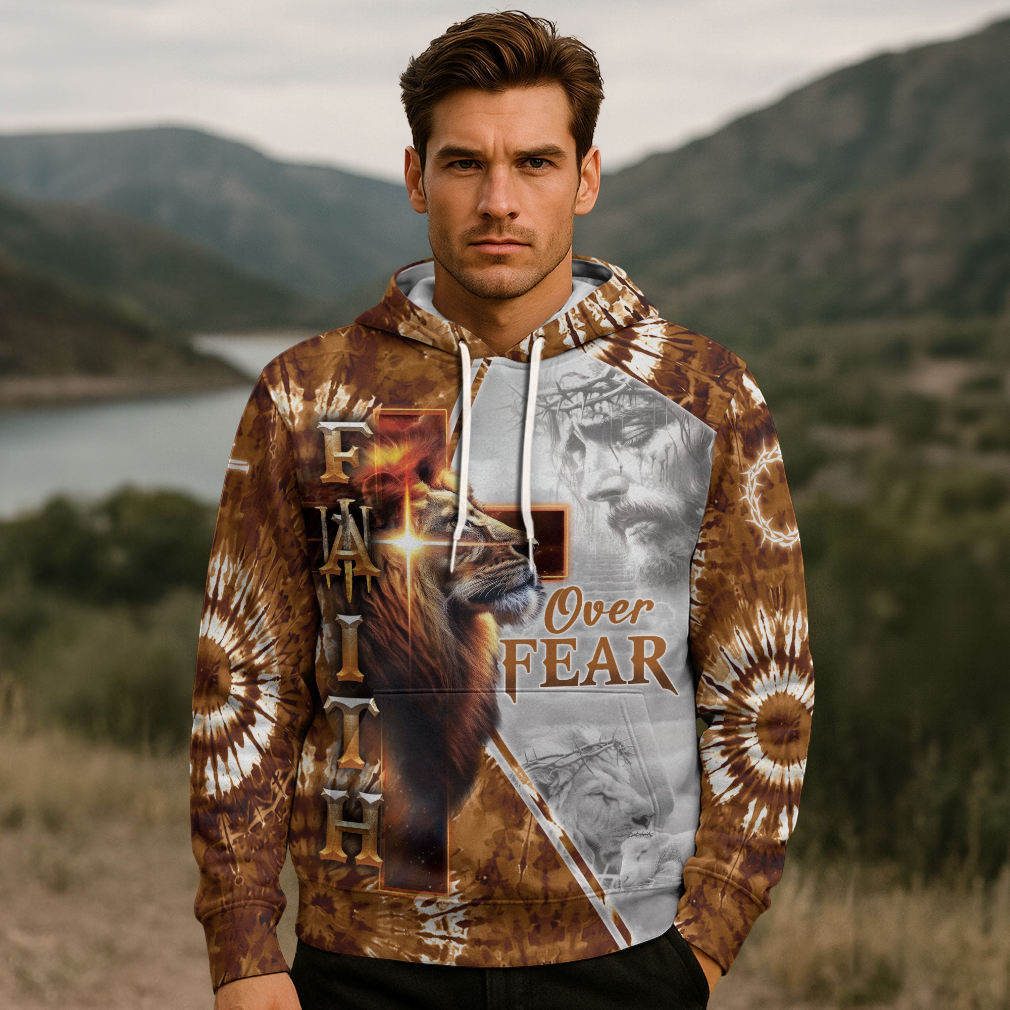 Faith Over Fear Lion & Jesus Crown of Thorns Hoodie